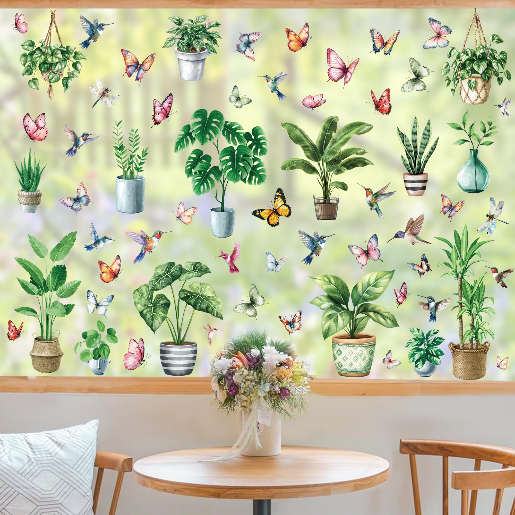 Moxled 9 Blatt Fensterbilder Frühling Topfpflanze Selbstklebend - Fensterdeko Frühling Fenstersticker Hängend Pflanzen Schmetterlinge Vögel Fensteraufkleber Wiederverwendbare für Kinderzimmer Deko