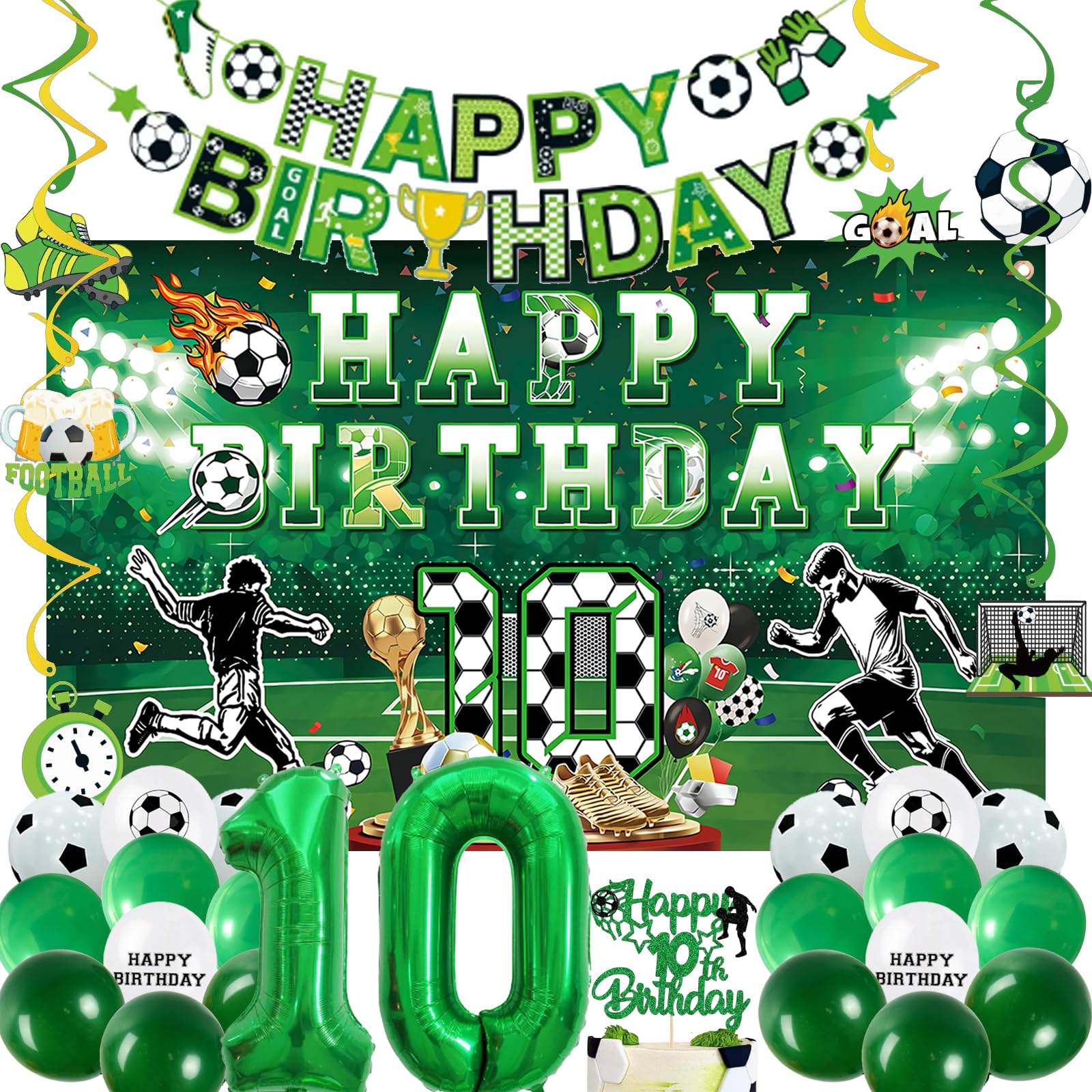 10th Football Theme Birthday Party Decorations - 31pcs Green Soccer Party Supplies with Latex Balloons, Birthday Banner, 32inch Number 10 Foil Balloon, 110x180cm Backdrop, Hanging Swirls for Boy — image 1