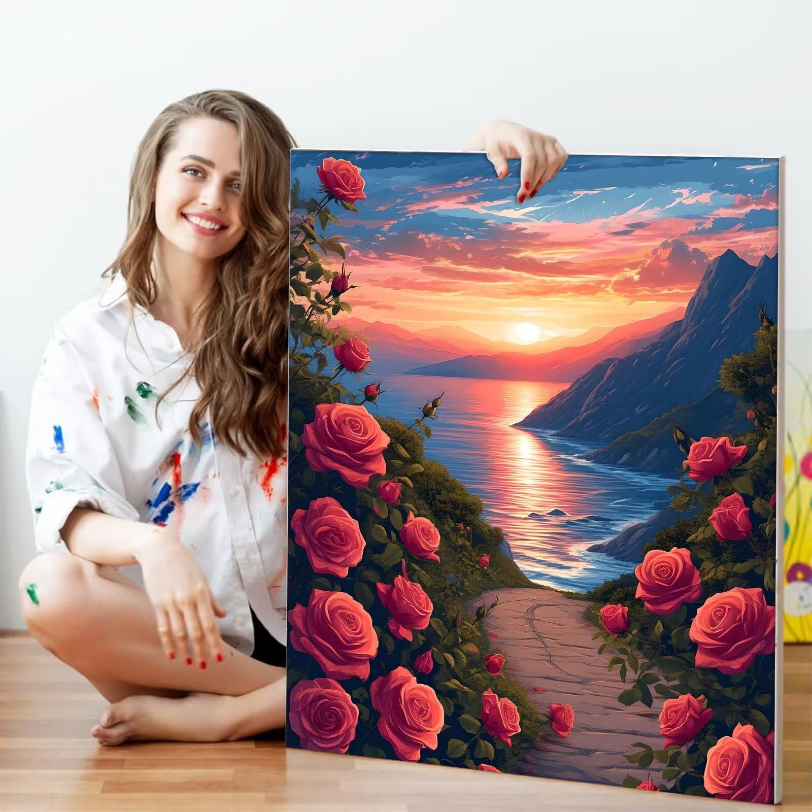 Rosa Pintar por Numeros Adultos, DIY Pintura por Números Niños, Kit de Pintura al óleo de Lienzo DIY para con Pinceles, Pigmento Acrílico, Paint By Numbers Adult, Sin Marco 100x150cm, Atardecer P-301
