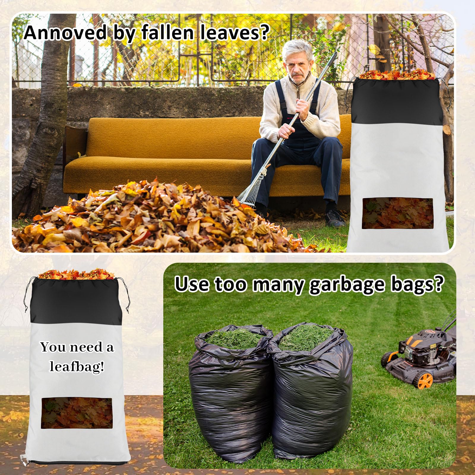 Patelai Rasentraktor, Laubbeutel, Grasfangtasche zum Reiten von Rasenmäher, 200 x 132 cm, große Kapazität, Grasfänger für Laubsammlung, robuste Materialsammelsysteme (Schwarz, Weiß), 2 Stück