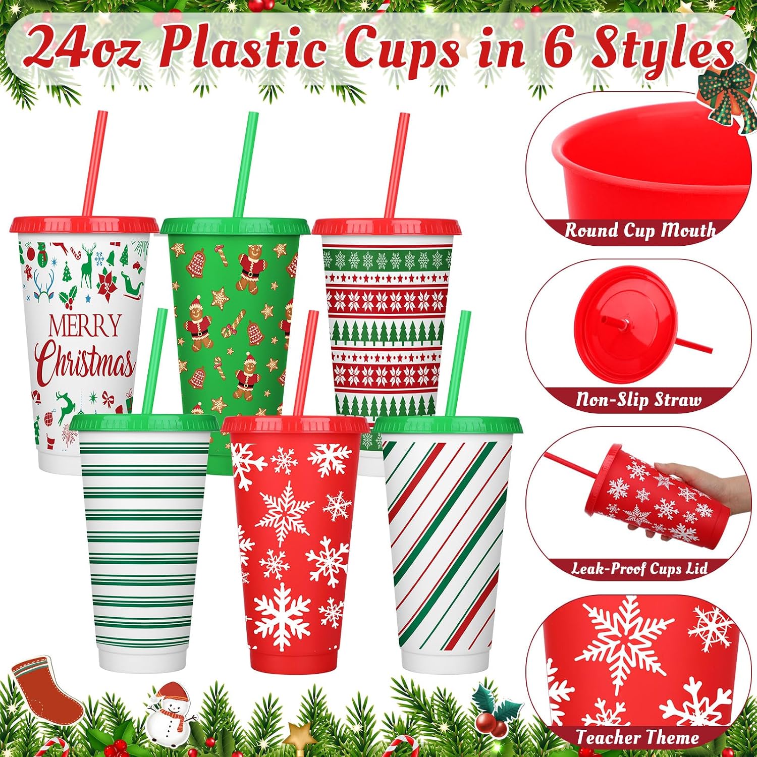 Funnymoom 24 Pcs Christmas Gifts Set Include 24 oz Merry Christmas Plastic Tumbler Cup with Lids and Straw Makeup Cosmetic Bag Crew Santa Sock Keychain for Xmas Party Favor Winter Friendmas Gifts