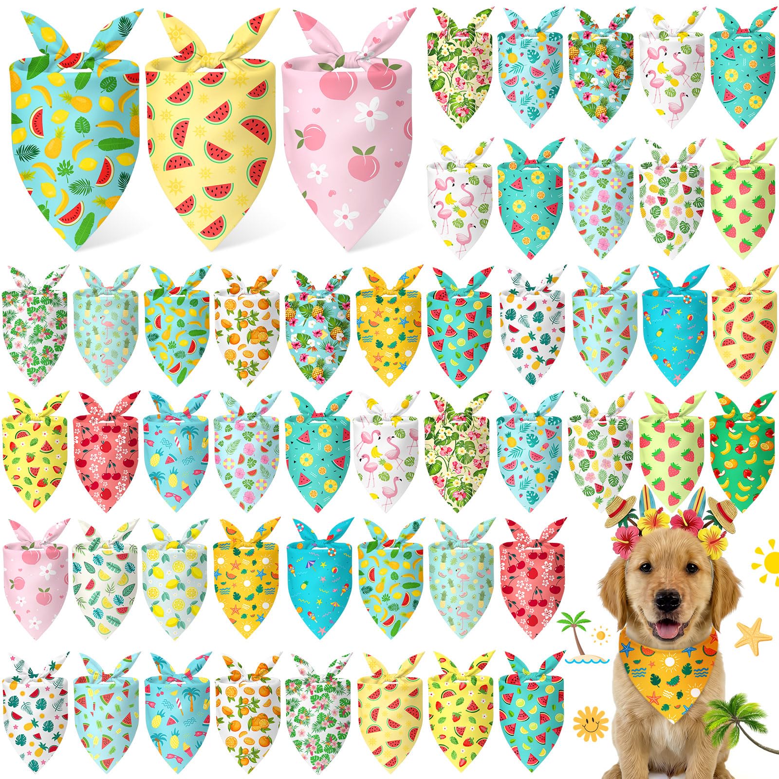 Abbylike 50 Pieces Summer Themed Dog Bandanas Bulk Hawaiian Dog Bandanas for Pets Triangle Kerchief Scarf Bibs Set for Summer Pets Dogs Party Costume Accessories, 25 Styles (19.7 x 13.8 x 13.8)