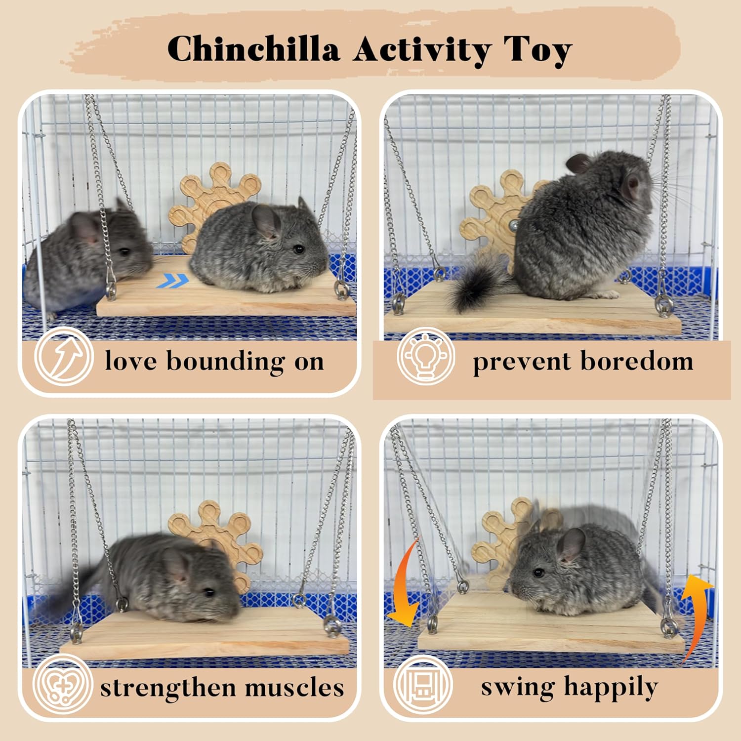 Natural Wood Chinchilla Hammock & Swing Set - Hanging Bed with Kiln-Dried Pine Ledges for Chinchillas - Enrichment Habitat & Exercise