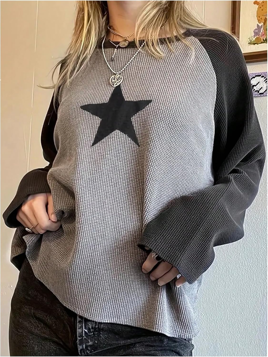 SOLY HUX Women's Plus Size Y2k Graphic Tees Color Block Star Print Long Sleeve Crew Neck T Shirt Tops - Image 4