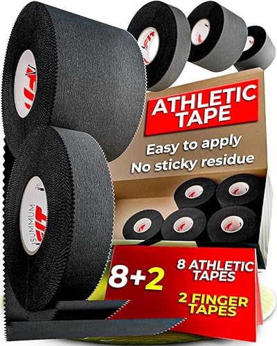 Summum Fit Cinta atlética negra extremadamente fuerte 8 rollos + 2 cintas para los dedos. Fácil de aplicar y sin residuos pegajosos. Cinta deportiva