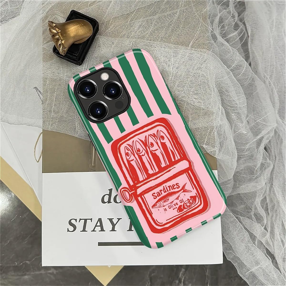 Case for iPhone 15 Pro Max,Hybrid Dual Protection Soft TPU + Hard PC Shockproof Cover, Anti-Scratch & Slim Protective Men Women Case for iPhone 15 Pro Max Retro Tinned Fish Stripe Design - Image 3