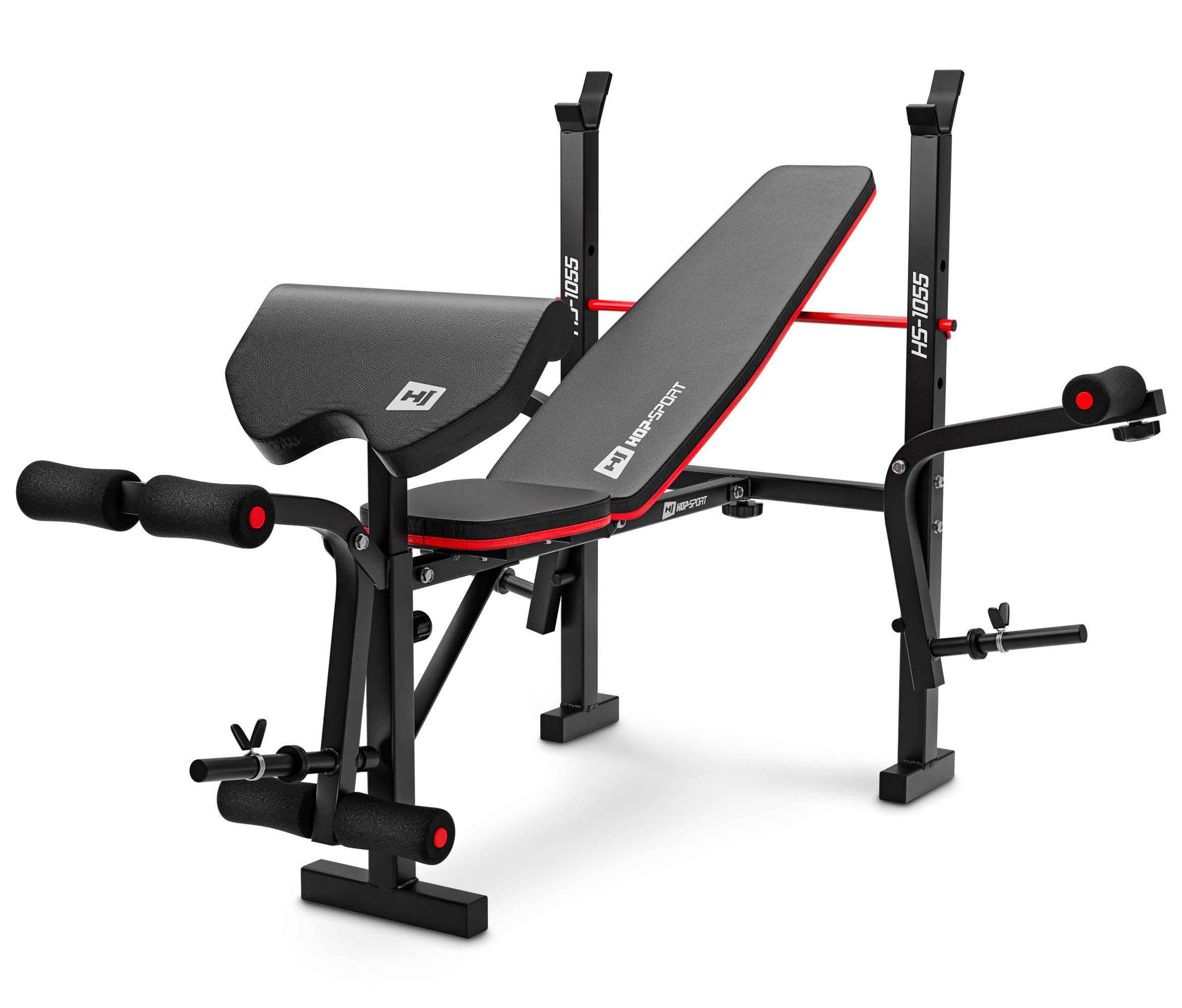 Hop-Sport HS-1055 Folding Weight Bench โ Adjustable Bench Press Station with Barbell Rack, Preacher Curl, Leg Developer & Butterfly Arms, Black/Red