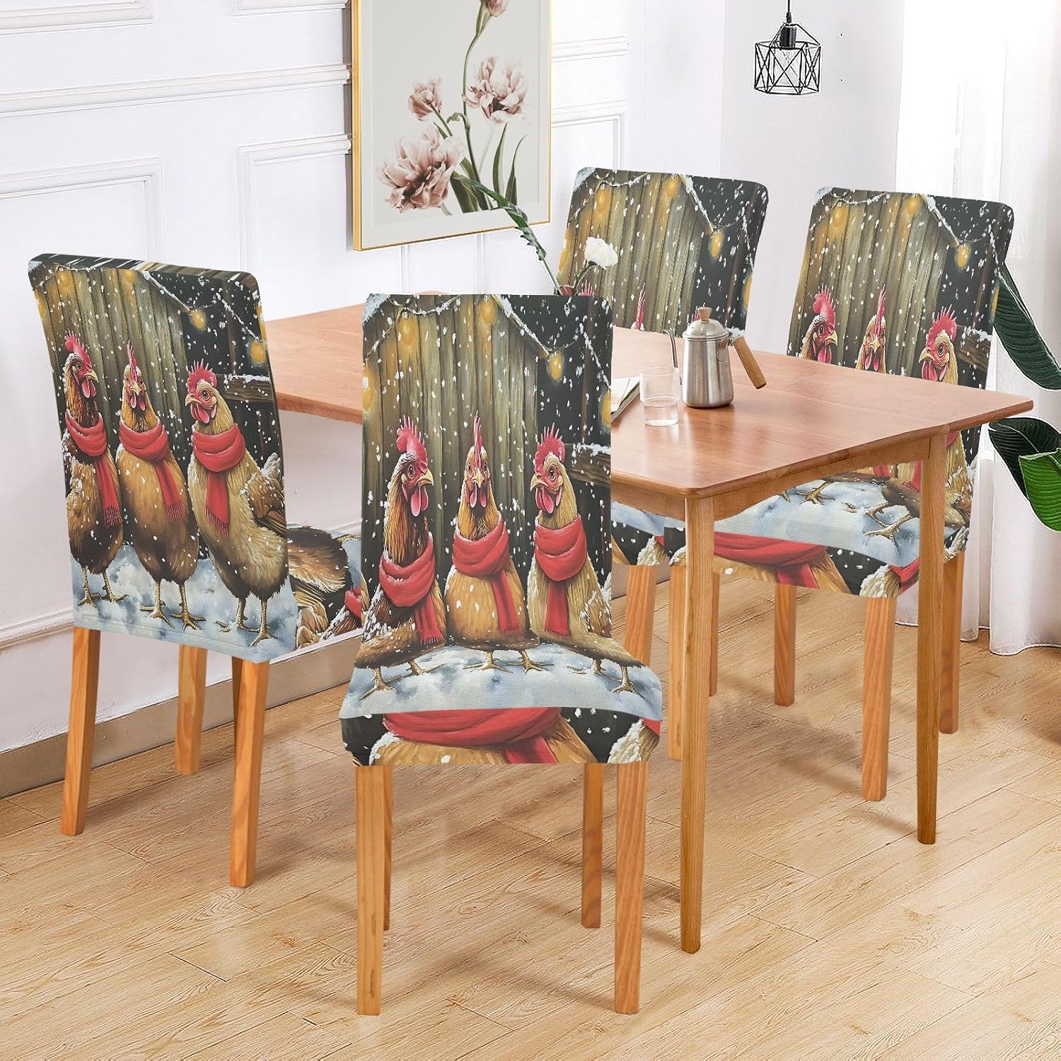 ALAZA Chair Covers for Dining Room, Three Chicken with Red Scarf Snow Stretch Chair Cover Sets Chair Protector Removable Washable for Ktichen Restaurant Hotel