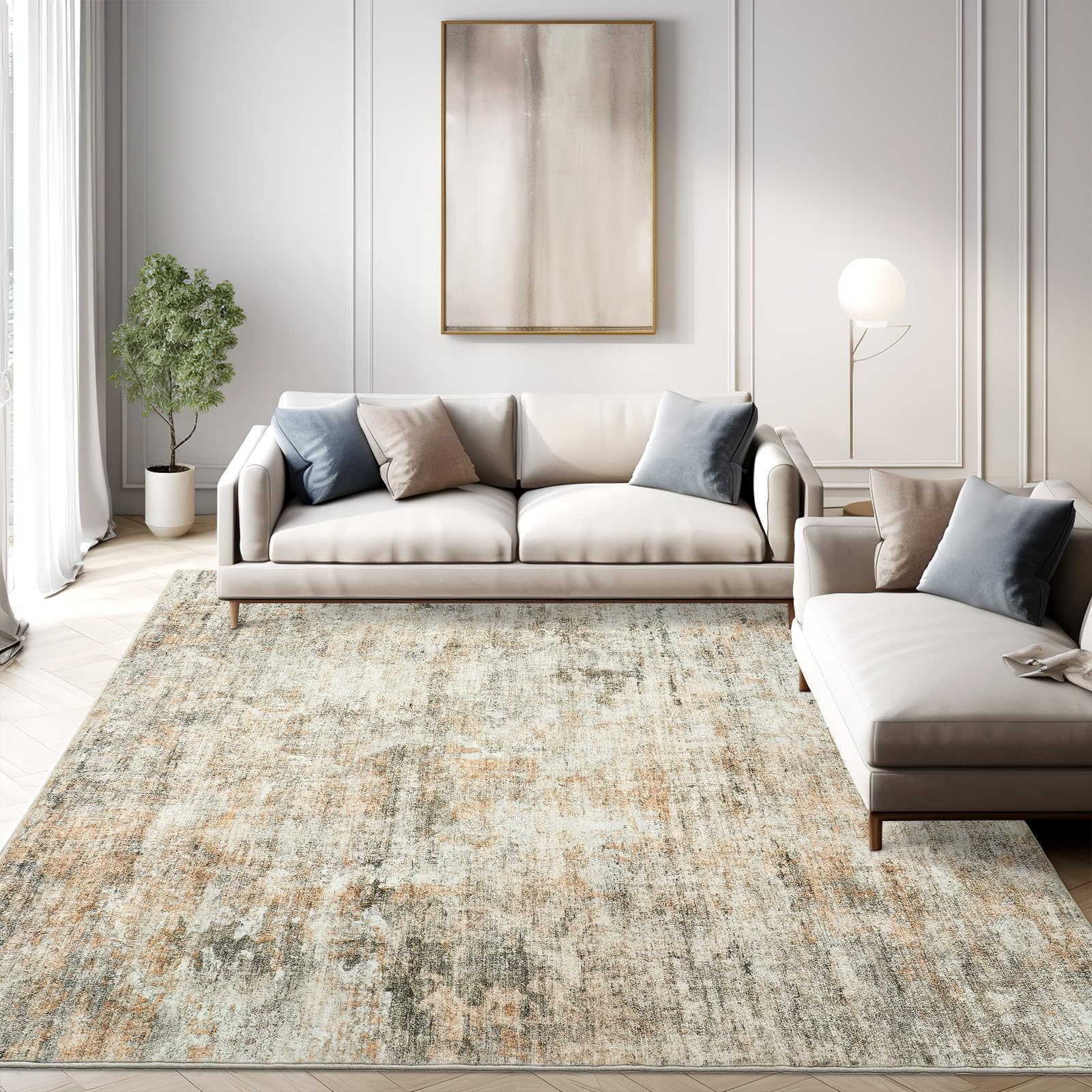 Soalmost Abstract Rug 5x7 Machine Washable Area Indoor Orange Low Pile Non-Slip Foldable Thin Accent Rugs for Bedroom Living Room Dining Room