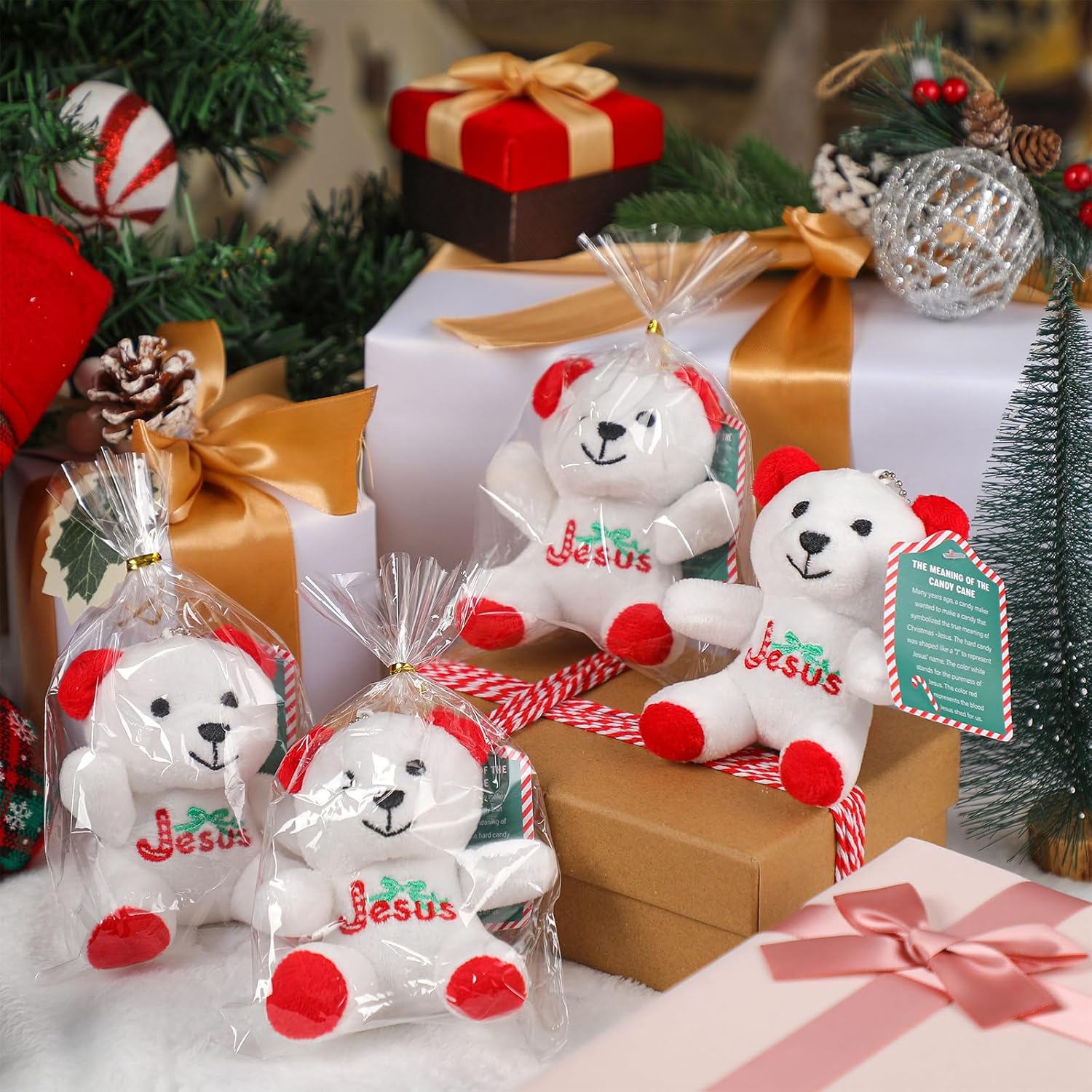 Poen 27 Pack Christmas Jesus Mini Plush Bears with Candy Cane Cards Set Religious Stuffed Animal Plush Bears for Classroom School Kids Exchange Prize Gifts Bear Doll Toy for Xmas Party Favors