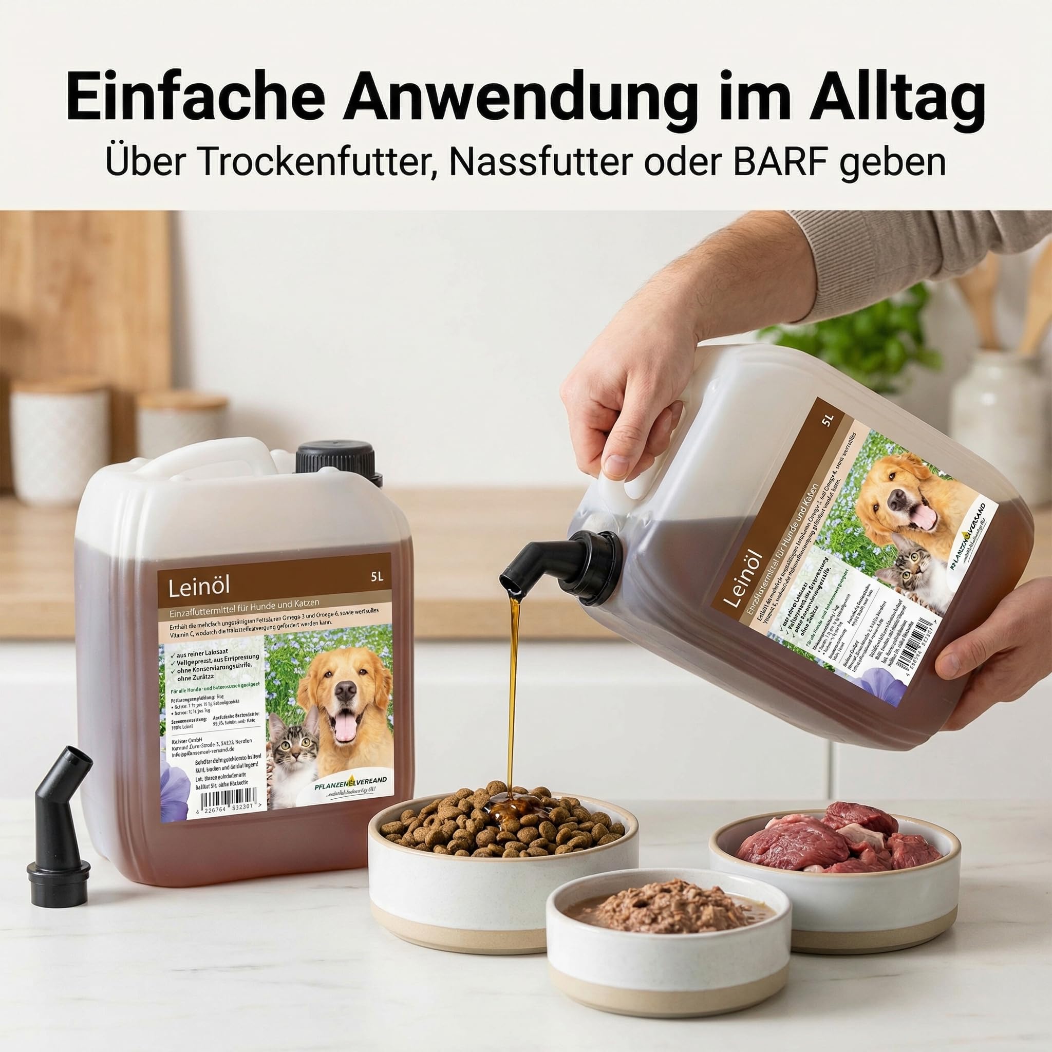 Leinöl für Hund & Katze, kaltgepresst aus Erstpressung, 100% rein ohne Zusätze, Einzelfuttermittel, Futteröl für Barf & Trocken-/Nassfutter, 2 x 5 l Vorrat inkl. Ausgießer