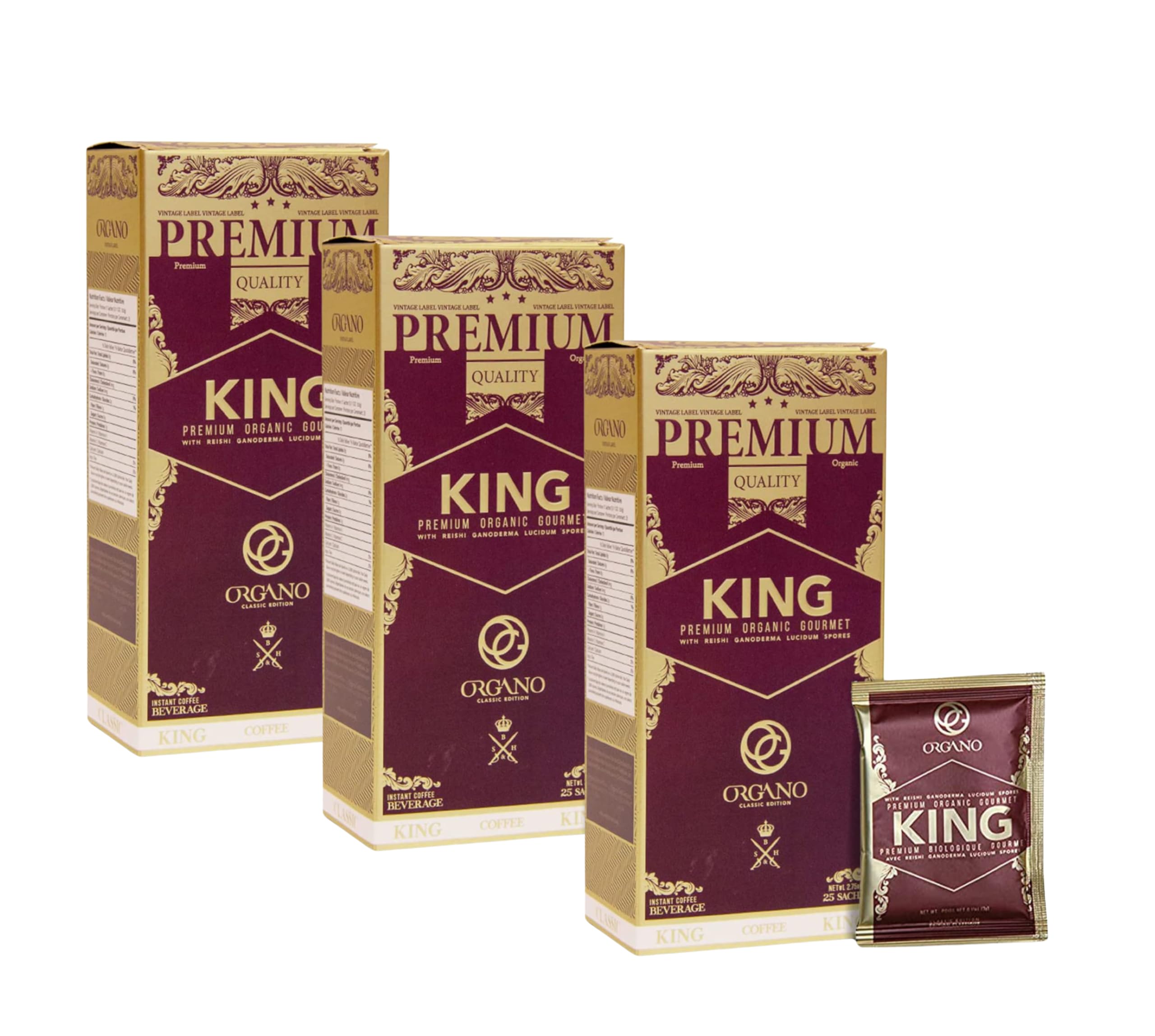 ORGANO 3 Boxes King of Coffee, 100% Certified Ganoderma Lucidum (75 Sachets)