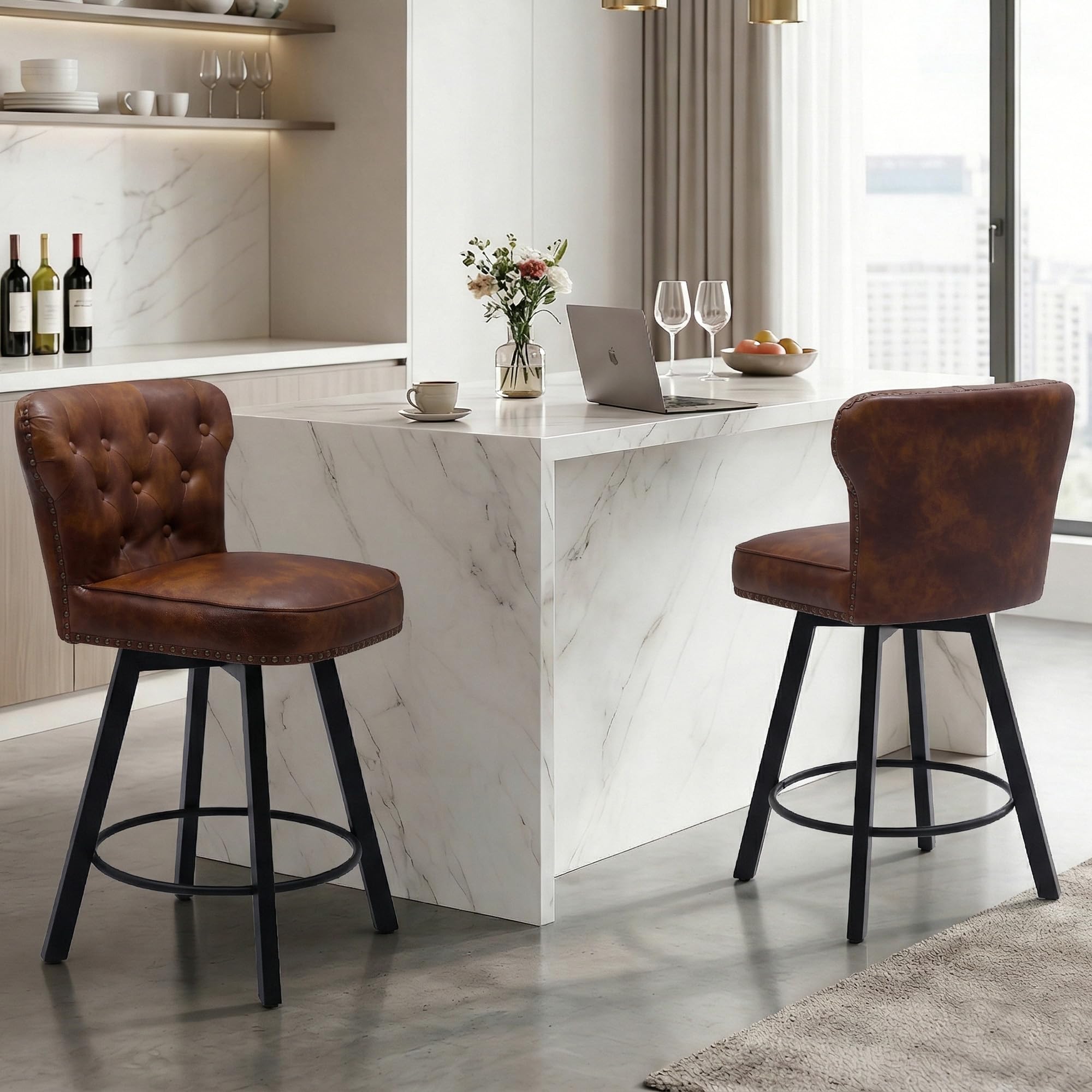 ZORRTIK Counter Height Bar Stools Set of 2, 26" Mid-Century Swivel Bar Stool with Metal Base for Kitchen Island, Rivet Armless Faux PU Leather
