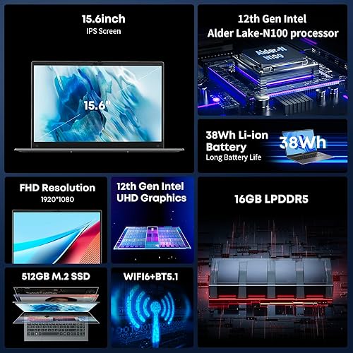 Miniatura 3 de CHUWI GemiBook Plus Laptop de 15.6 pulgadas, Intel Alder Lake N100 (hasta 3.4 GHz), 16 GB LPDDR5 RAM 512 GB SSD, Windows 11 Laptops, 1TB SSD Expend,
