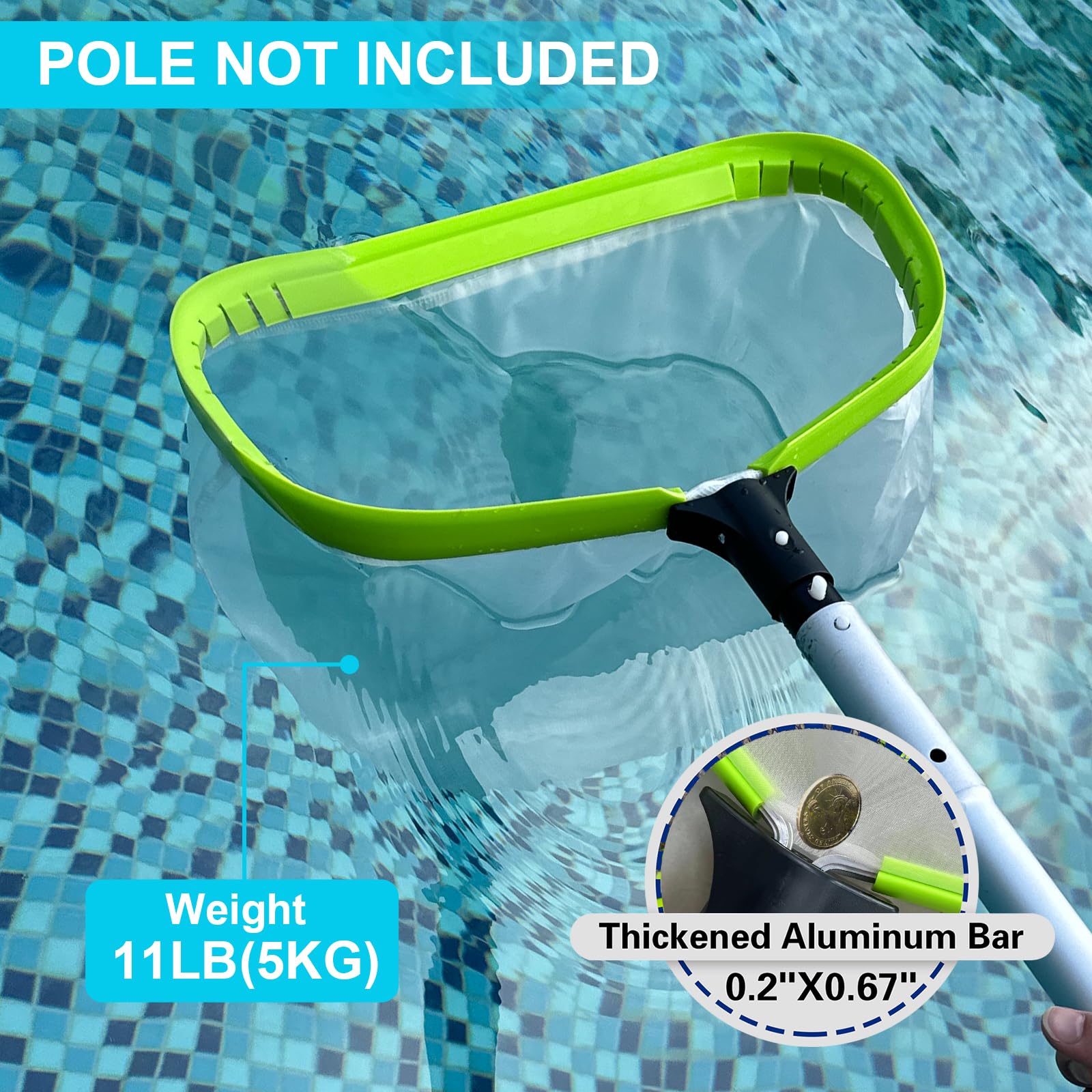 Rete da piscina, rete professionale ultra fine per la pulizia di limo, sabbia, detriti di polline, con borsa profonda in nylon super extra fine, telaio in alluminio resistente e rastrello con manico