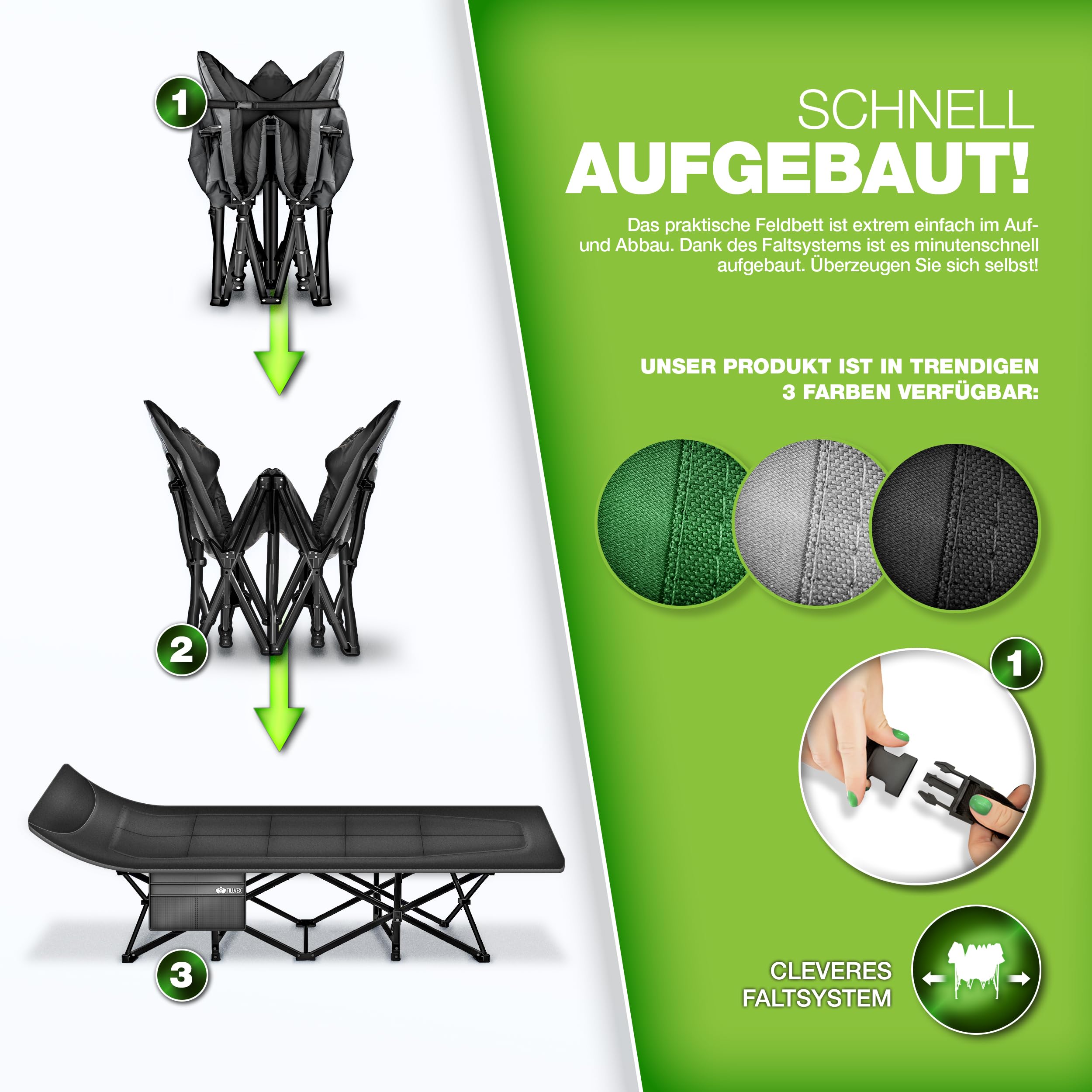tillvex® Campingbett klappbar mit Tragetasche bis 200 kg | Campingliege extra breit | Feldbett Karpfenliege für Outdoor & Indoor | Klappbett Gästebett faltbar Garten Camping Angeln Festival Reise