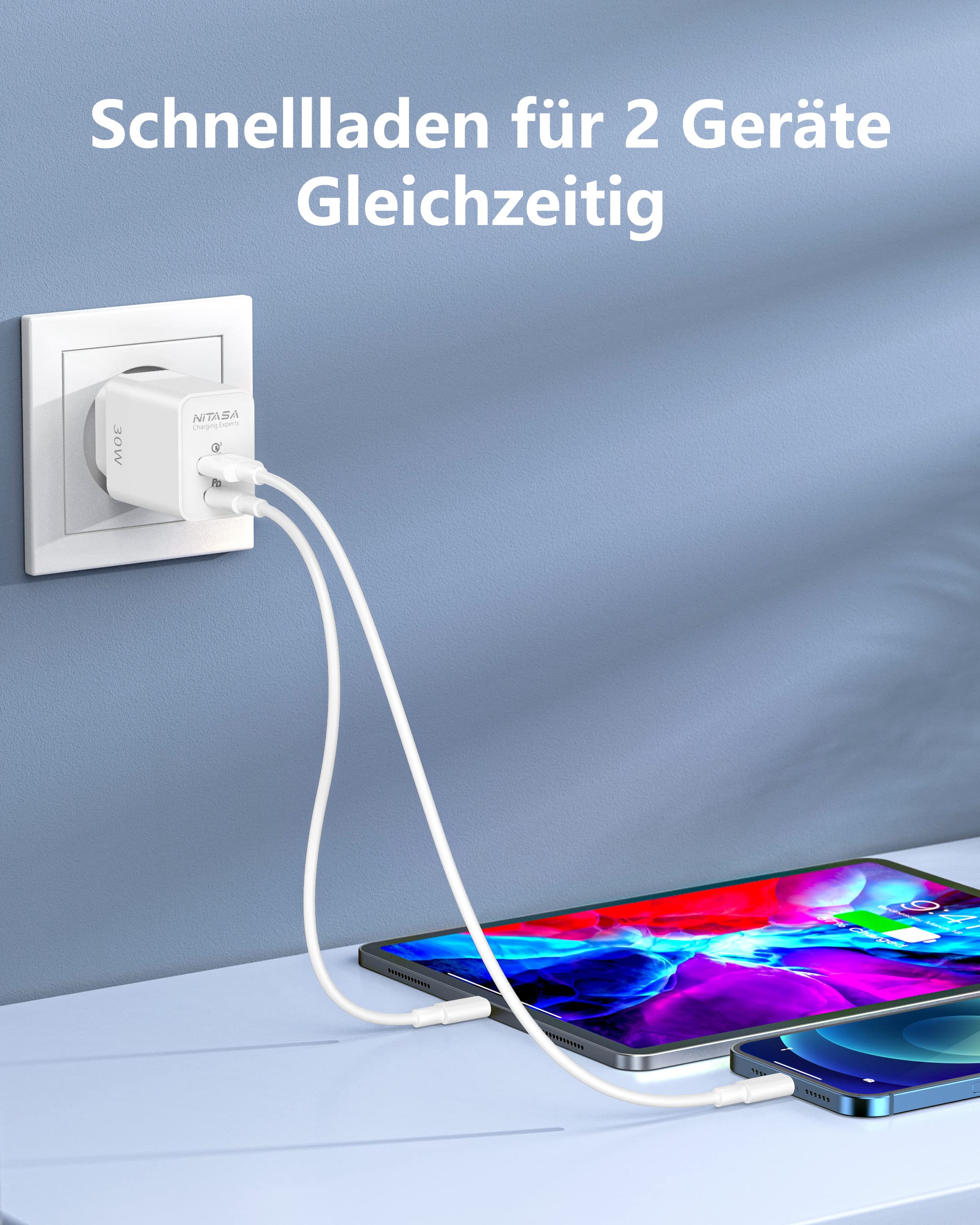 Caricatore USB C,NITASA 30W GaN 2 Port PD alimentatore usb c presa caricabatterie rapido per iphone 14 15/16 Pro Max/iPad,spina usb c caricabatterie(25W) per Samsung S23 S24 Google Pixel 7/8 8a/9 pro