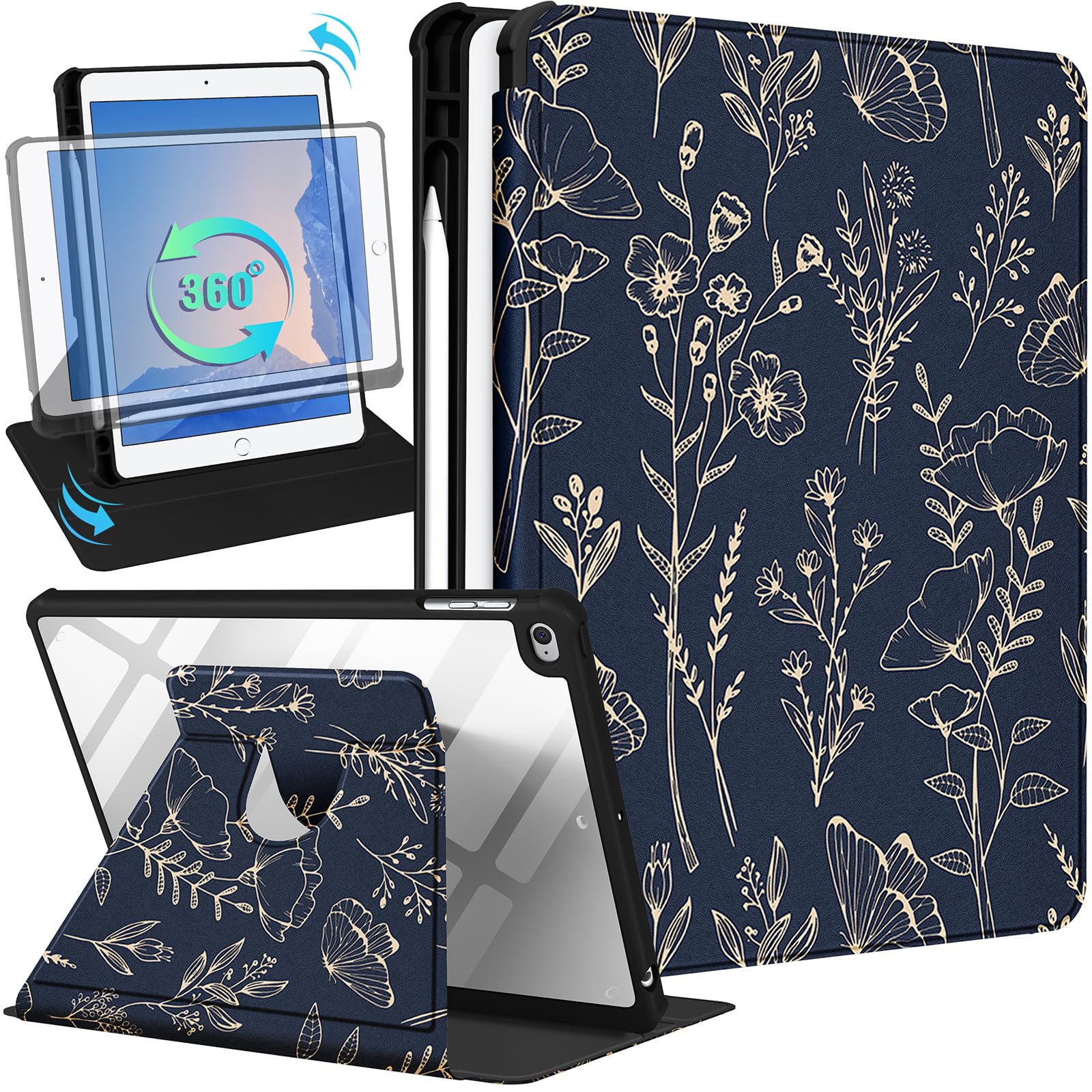 Kidcube for iPad 5th/6th Generation Case, for iPad Air 1st/2nd Gen, for iPad Pro 9.7 Inch Case Women Girls Cute Folio Cover with Pencil Holder Gold