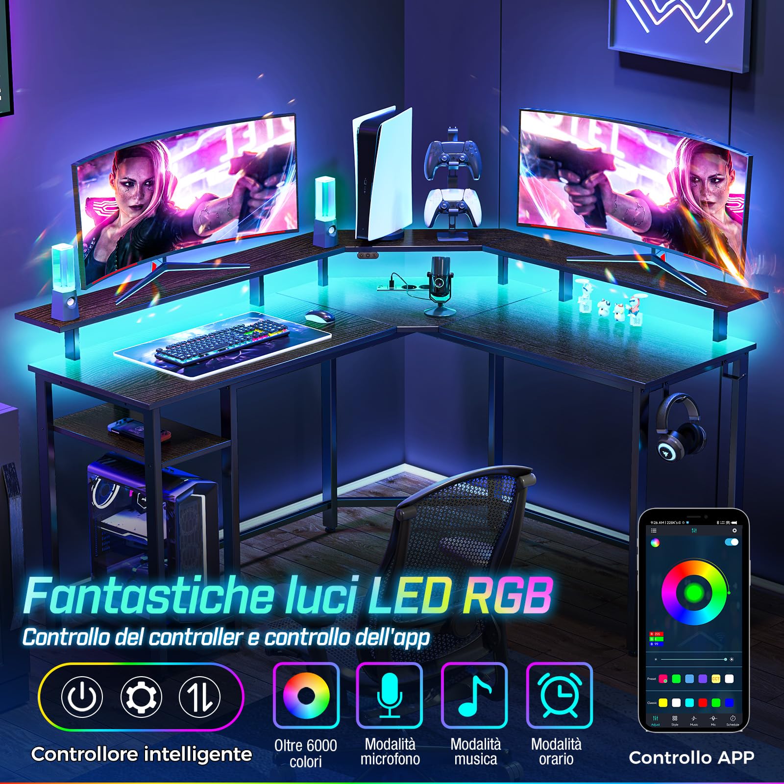 Rolanstar Scrivania Gaming Angolare con LED, Scrivania a L con Prese e Porte USB, Supporto per Monitor e Ripiano, Tavolo a Forma di L Reversibili con 2 Ganci (Nero, 134,5 x 134,5 x 86,2cm)