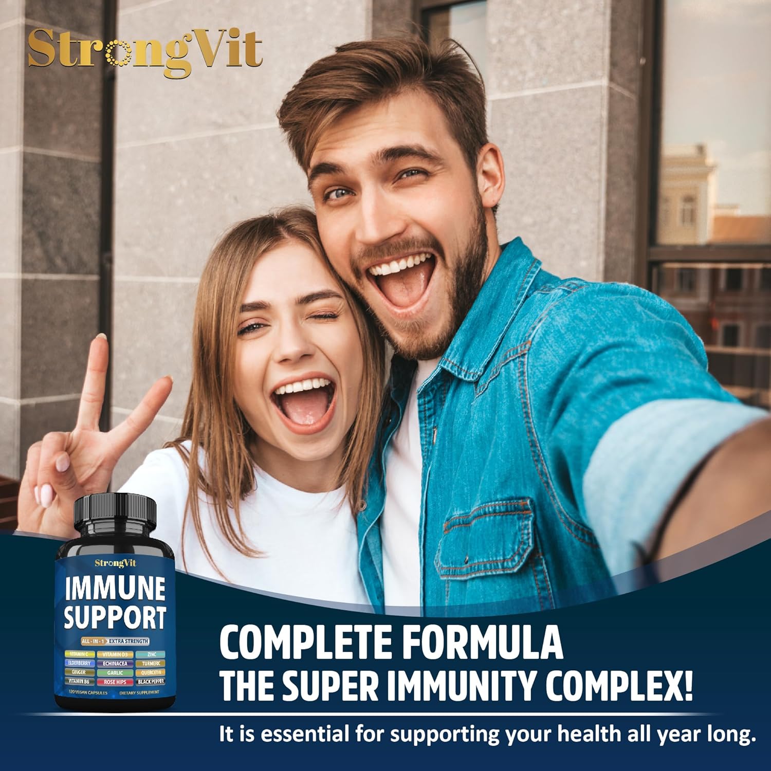 StrongVit Immune Support Supplement 12 in 1 Complex with Vitamin C, D3, Zinc, Echinacea, Elderberry, Ginger, Turmeric. Immune Defend for Men & Women, Non-GMO, Gluten-Free, Vegan, USA (120 Capsules)