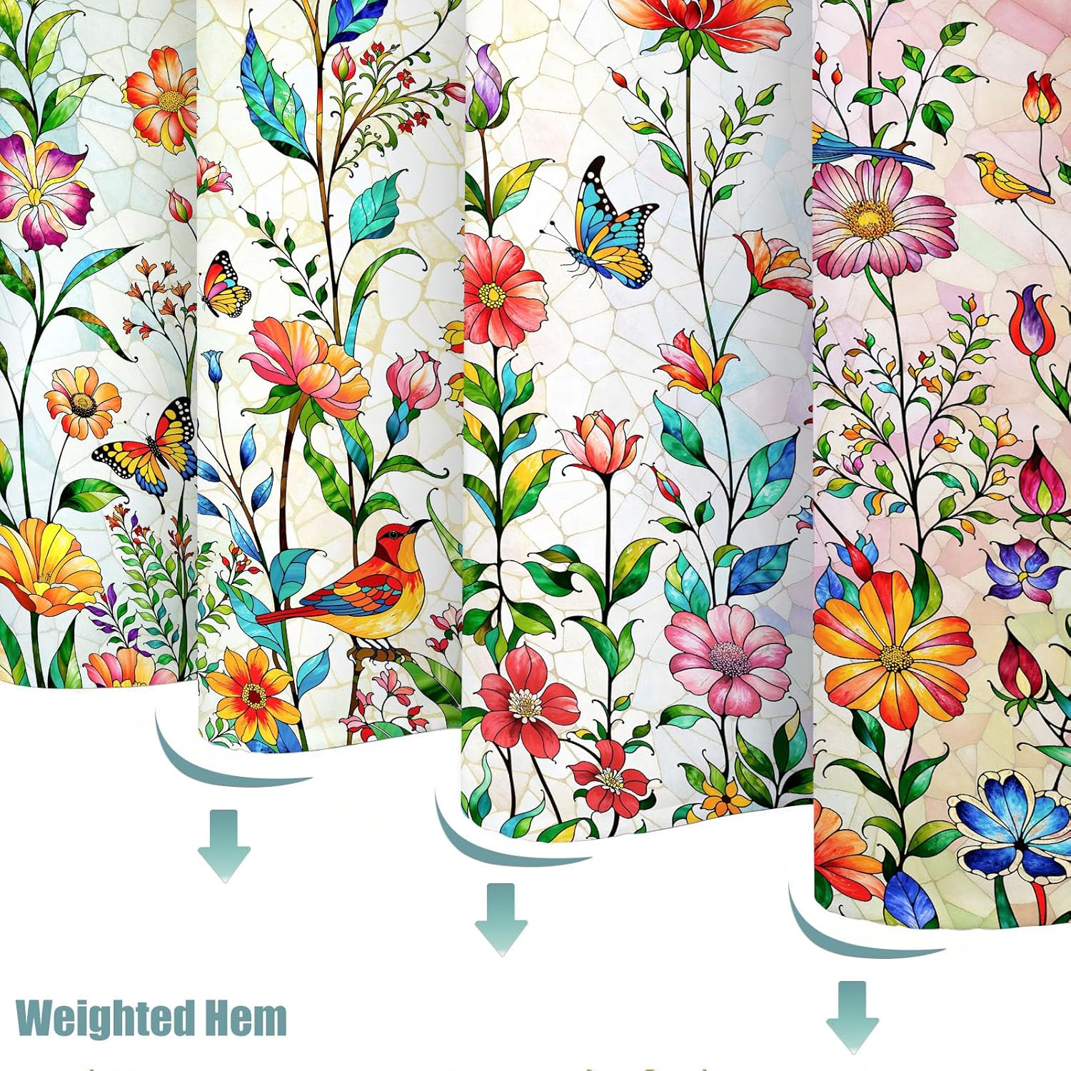Floral Shower Curtain Stained Glass Shower Curtain Butterfly Shower Curtains for Bathroom Colorful Shower Curtain Set with 12 Hooks Flowers-01 72×72 Inches