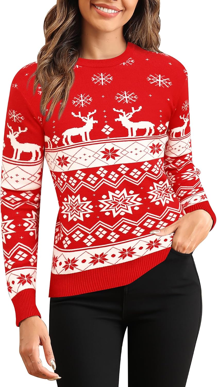 LecGee Couple Matching Christmas Sweaters Xmas Ugly Reindeer Snowflakes Knitted Pullover for Men Women