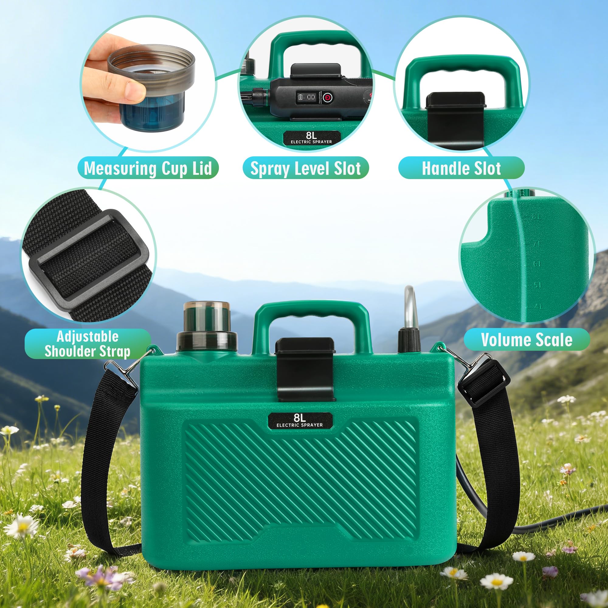 BesWin Battery Powered Sprayer 8L, Rechargeable Electric Garden Sprayer with 3 Speeds Displayed, Battery Indicator, 4 Mist Nozzles, Retractable Wand,Adjustable Shoulder Strap for Lawn Garden and Patio — view 6