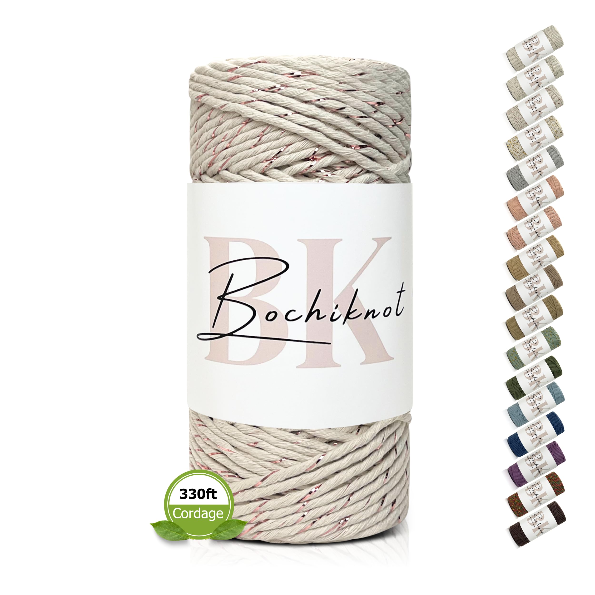 BOCHIKNOT Metallic Macrame Cord 4mm x 109yds - Single Strand Twist with Rose Gold Metallic - Cotton Cord for Macrame Knotting - Metallic 4mm Macrame Cord (109yds, Natural & Rose Gold)