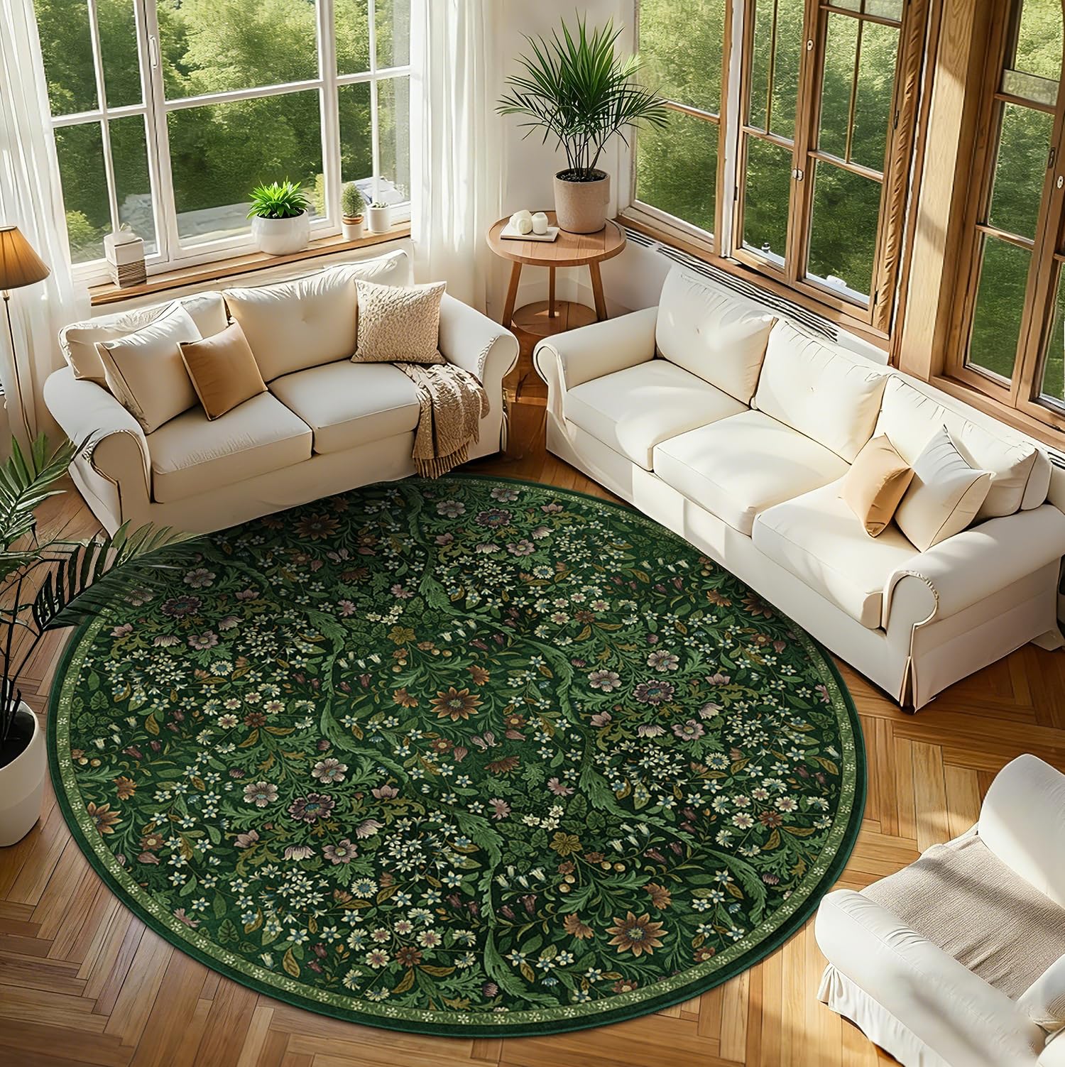 Round Rug 8ft Dark Green Washable Floral Circle Rug,Vintage Boho Botanical Round Area Rugs, Non-Slip Soft Low-Pile Circular Carpet for Bedroom,Kids Room,College Dorm,Home Decor