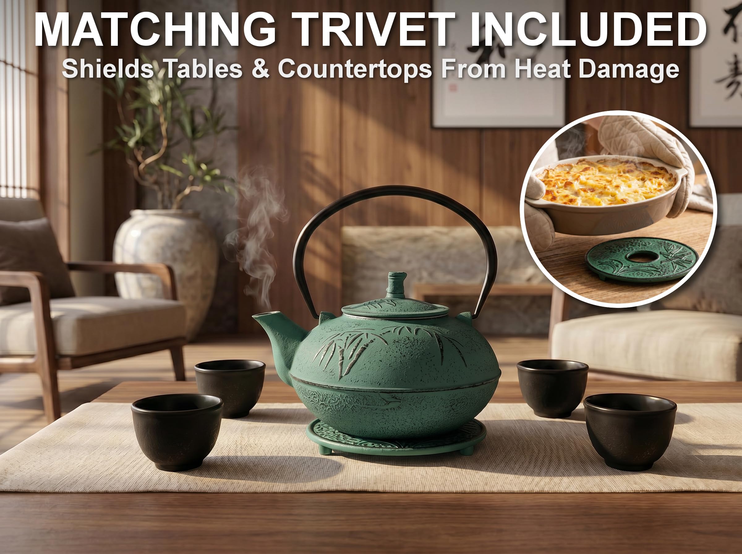 Tetera japonesa XXL de hierro fundido con infusor y salvamanteles a juego, tetera grande de 2500 ml con hojas sueltas de tetsubina con interior esmaltado, juego de humidificador de hierro fundido