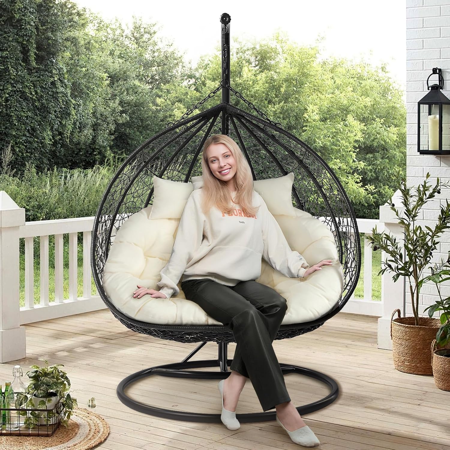 ANMINY 2-Seater Hanging Egg Chair Cushion Thickened 6.3Inch Waterproof Anti-UV Hammock Swing Chair Replacement Cushion, Outdoor Hanging Basket Seat Pads with 2 Detachable Pillows, Beige Cushion ONLY 6