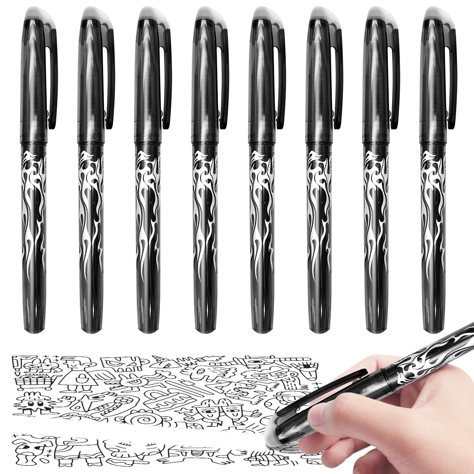 Obidodi 8 Erasable Gel Pens with Rubbers, Black, 0.5mm, Friction Pens for Kids and Adults, 1 count (Pack of 8)