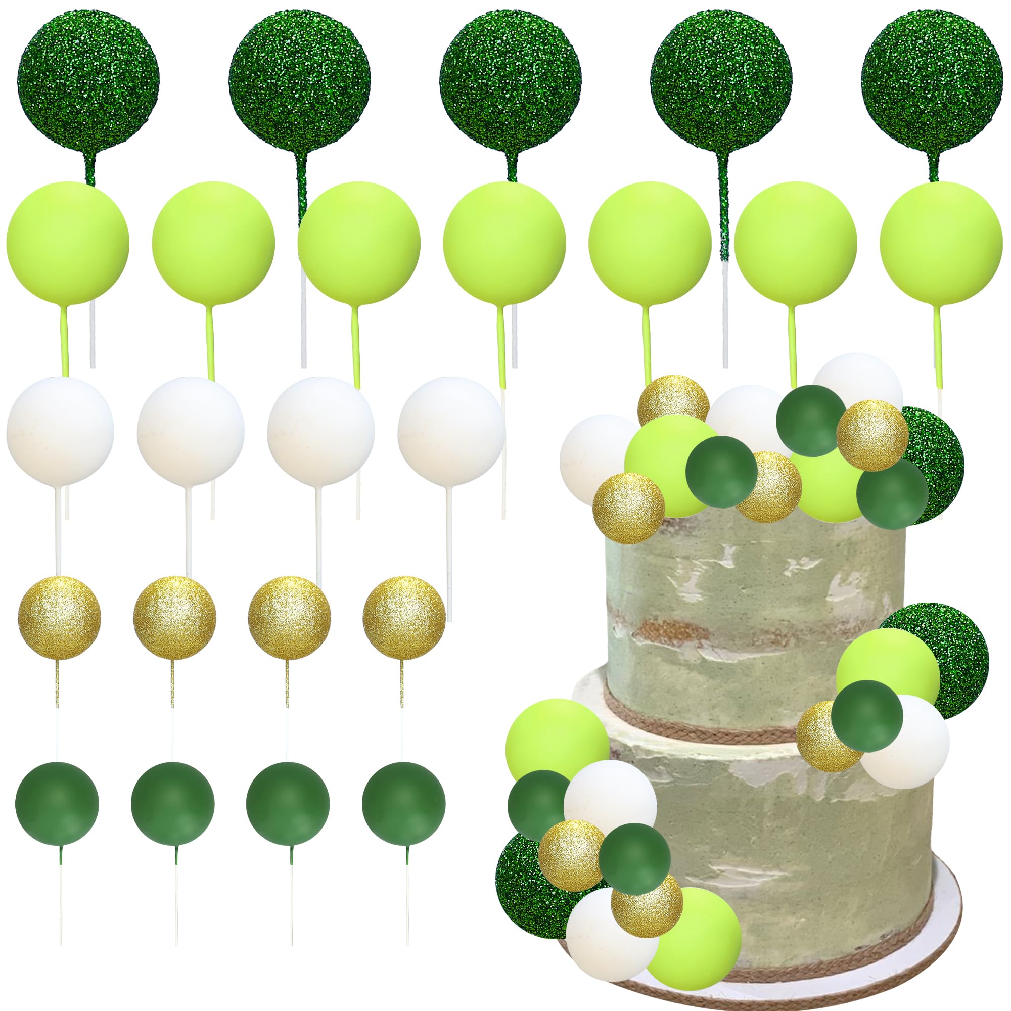 Gyufise 50Pcs Ball Cake Topper Sticks Mini Balloons Cake Decoration Foam Balls Cake Toppers for St Patrick's Christmas Baby Shower Birthday Party Supplies Green White Gold
