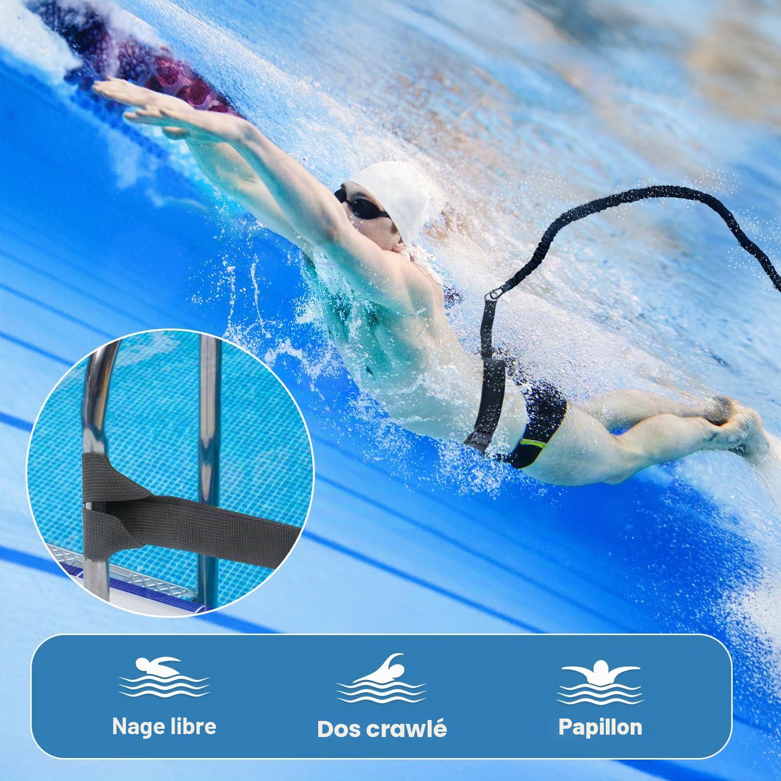 Ceinture de natation premium pour adultes pour piscine, ceinture de 3,5–8,5 m avec élastiques en caoutchouc, aide à la nage pour adultes, adaptée aux débutants et aux professionnels, pour