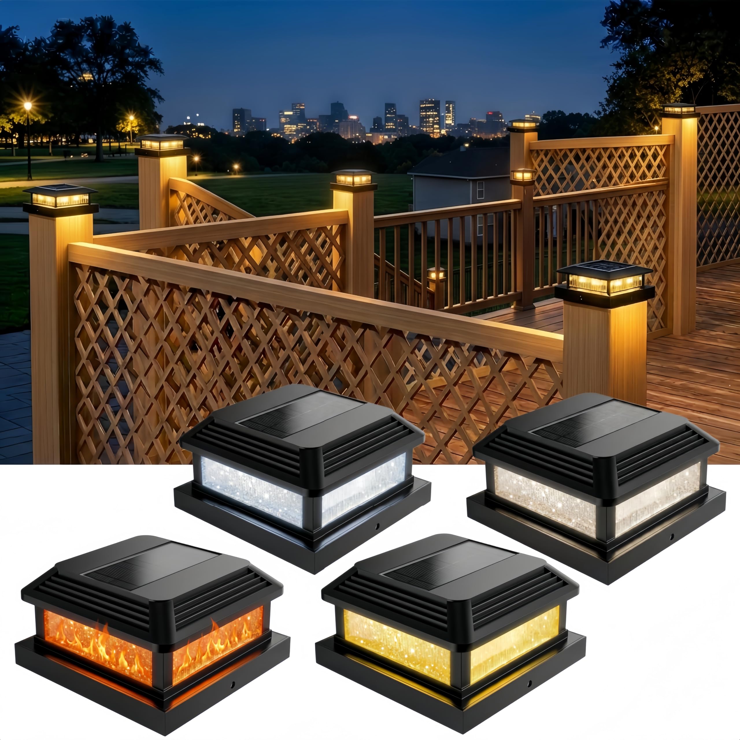 Solar Post Cap Lights 4 Pack, Deck Post Solar Lights with Flickering Flame