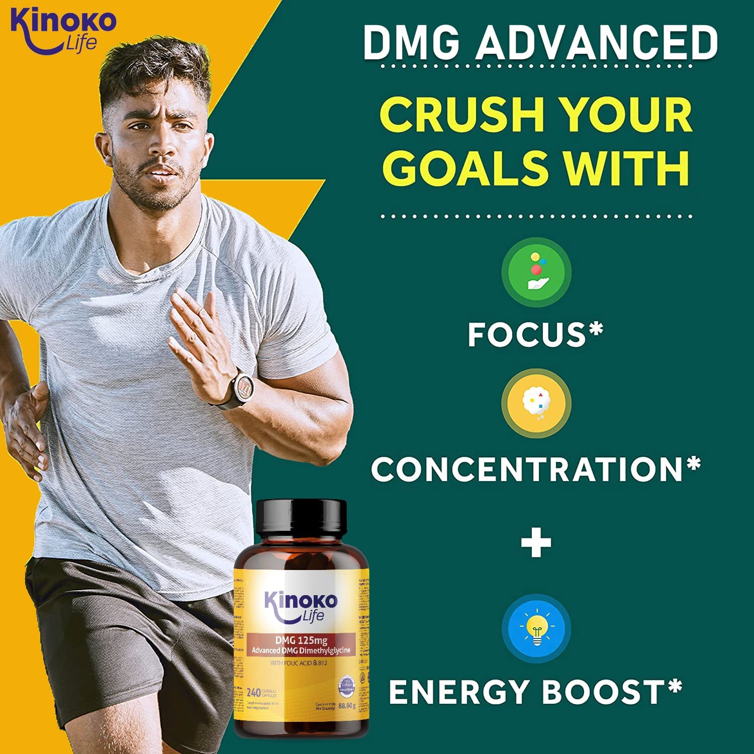 DMG Advanced 125 mg, 240 capsule Dimetilglicina pura. Con Acido Folico e B12 per un migliore assorbimento del DMG. Senza Glutine, Non OGM, Vegan Friendly. Memoria, Stress, Concentrazione
