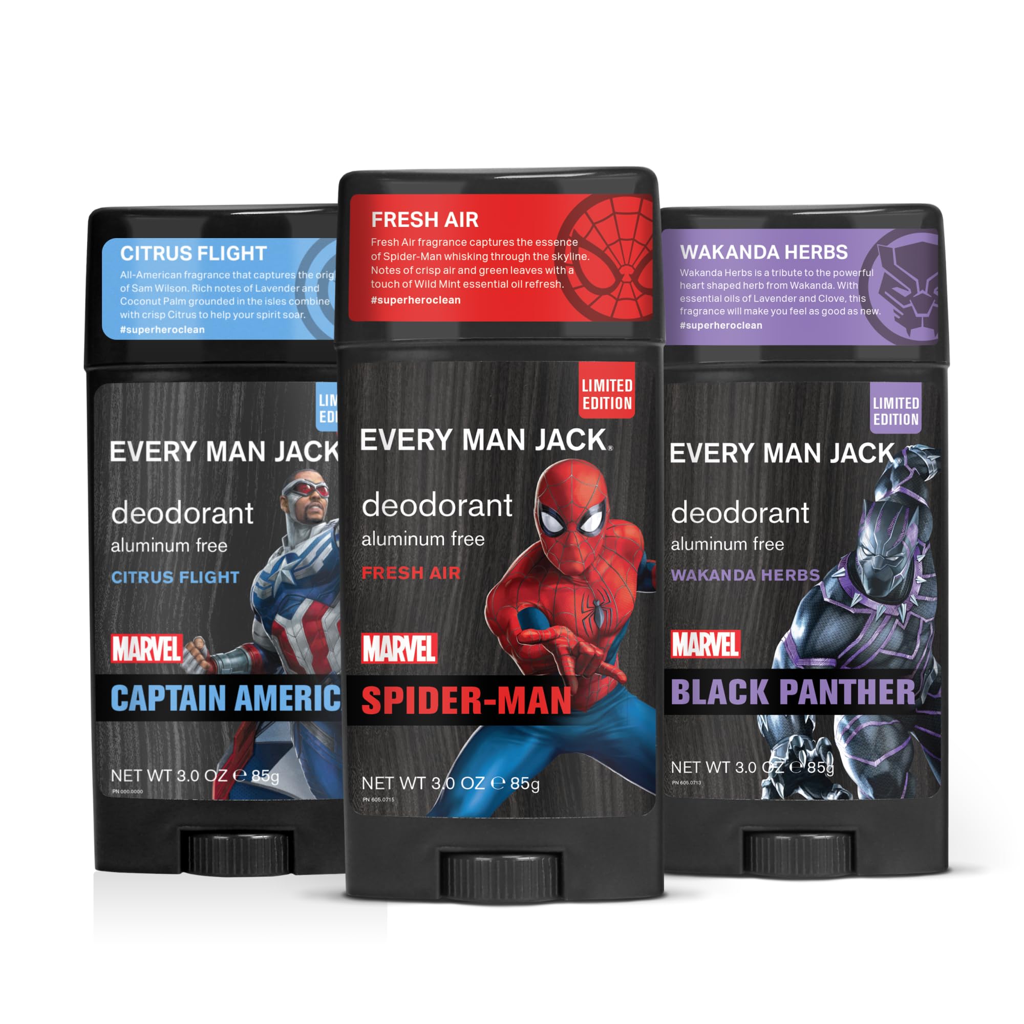 Every Man Jack Marvel Deodorant Variety Set - Includes 3 Aluminum Free Deodorants w/ Clean Ingredients & Incredible Scents - Spider-Man, Black Panther, Captain America