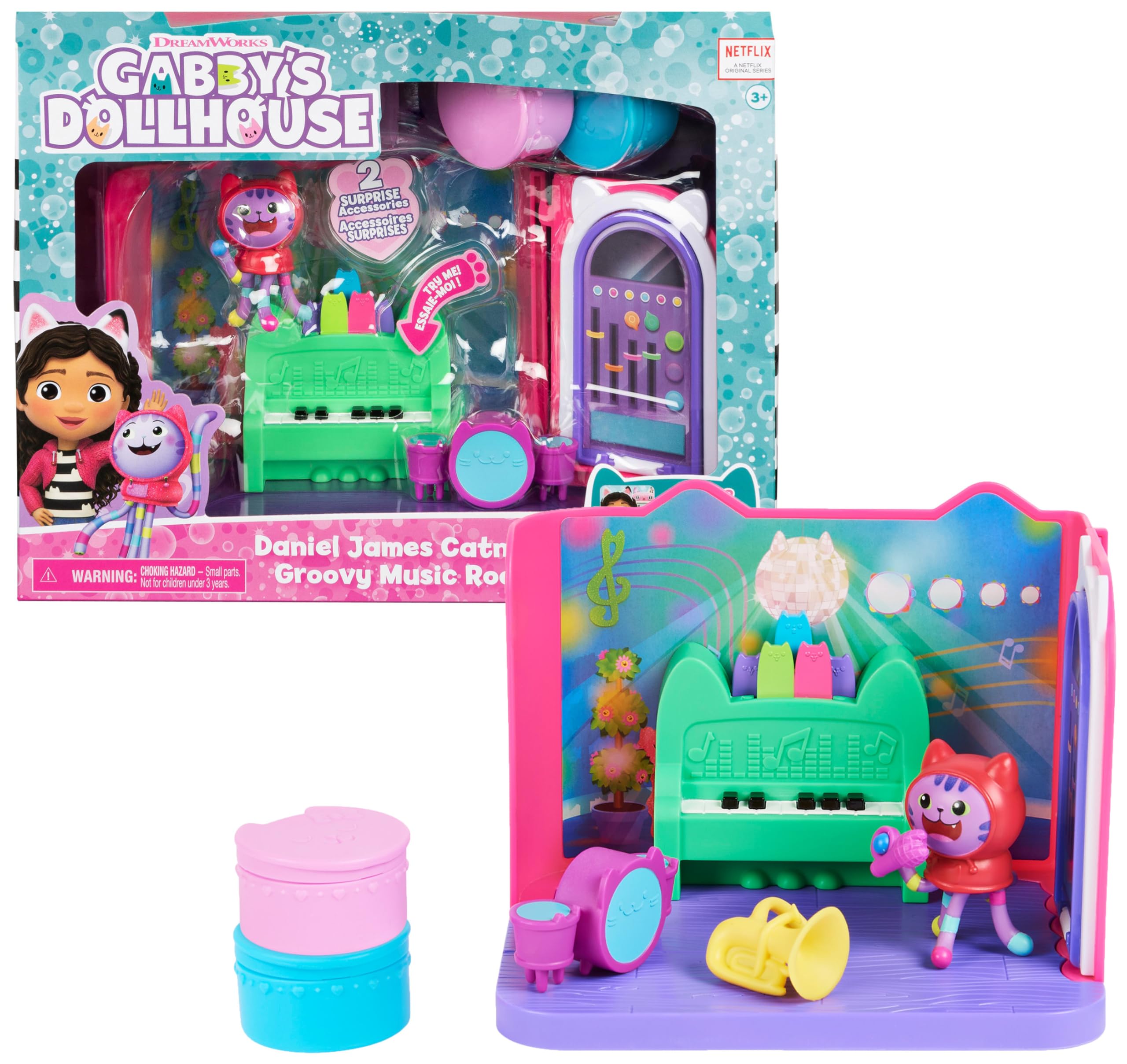 DREAMWORKS GABBY'S DOLLHOUSE - Deluxe Raum, Groovy Music Room, Musikzimmer mit DJ Katzenminze, 2 Möbelstücken und 2 Überraschungsboxen mit Zubehörteilen, ab 3 Jahren
