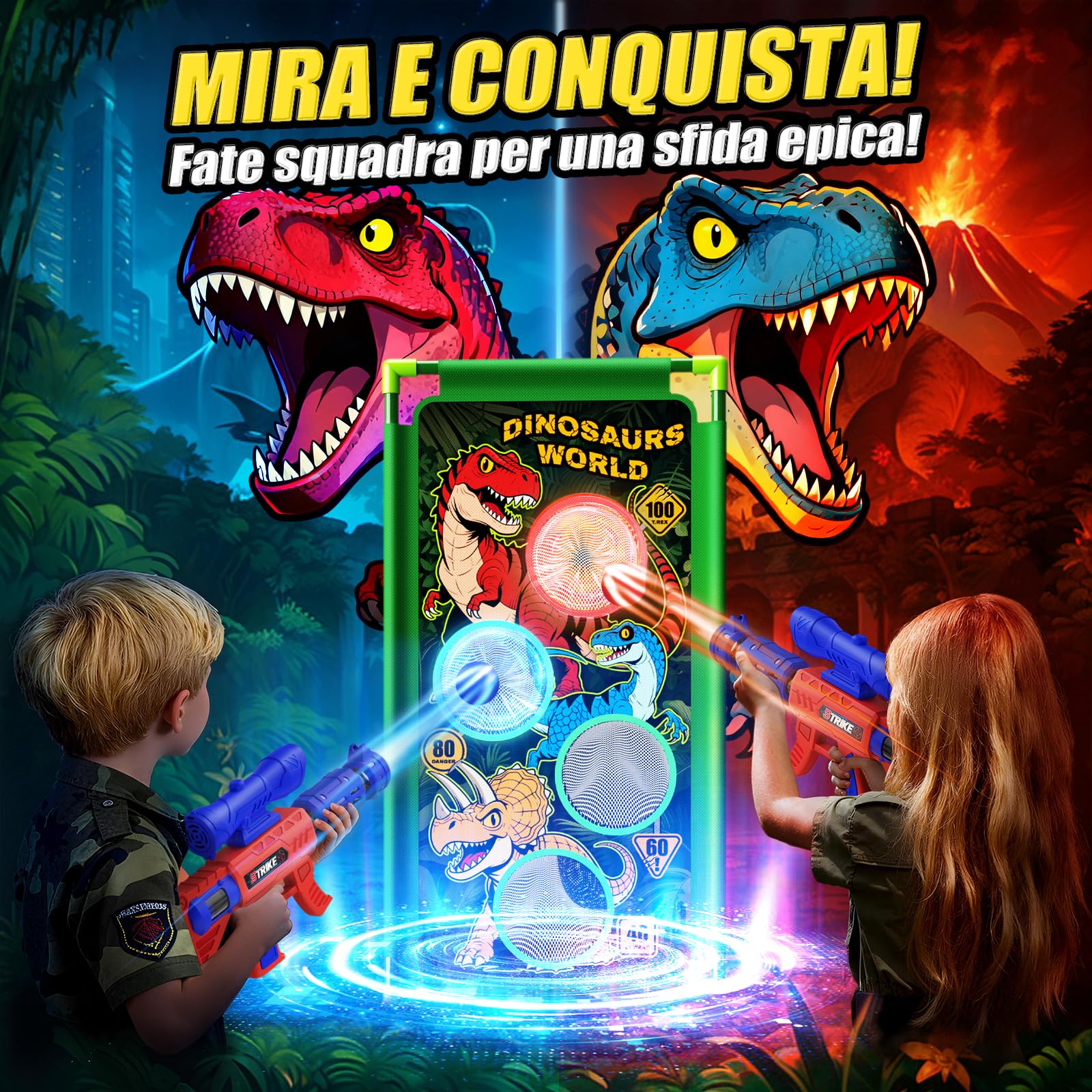Giochi di Tiro al Bersaglio,Dinosauro Giocattolo per Bambini Gioco Regalo Giocattoli Regali Bambino Bambini Bimbo 3 4 5 6 7 9 10 11 12 Anni 2 Air Blaster con Mira, 4 Bersagli e 24 Palline di Schiuma
