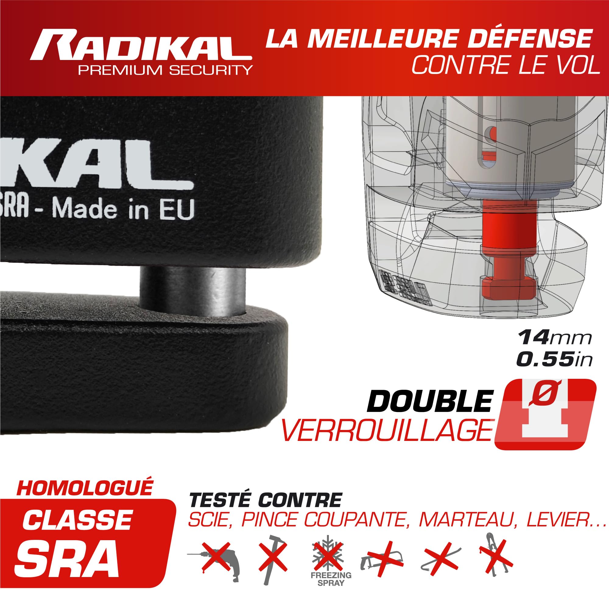 RADIKAL RK15 Antivol Moto Homologué SRA Bloque Disque avec Alarme Premium | Activation au choix, 120 dB, LED Alerte, Warning Pré-Alarme | Bloc Sécurité Double Verrouillage Acier Cémenté 14 mm, Rouge