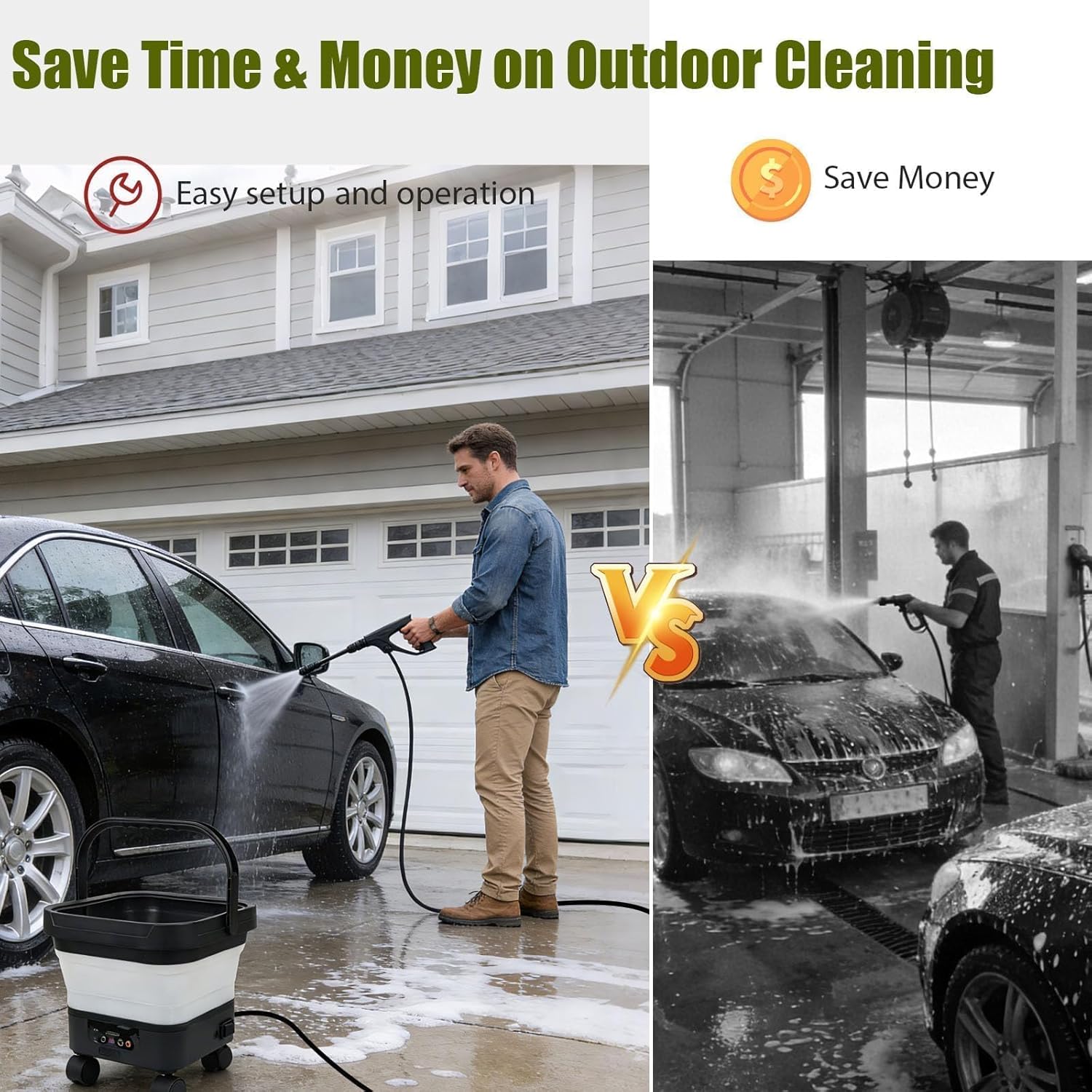 Portable Cordless Pressure Washer with 3.4Gal Tank, 580PSI Max, 7-Level Adjustable Sprayer, 360° Nozzle, 23FT Hose, 20000mAh Battery, Foldable Design with Wheels for Car, Camping, Garden
