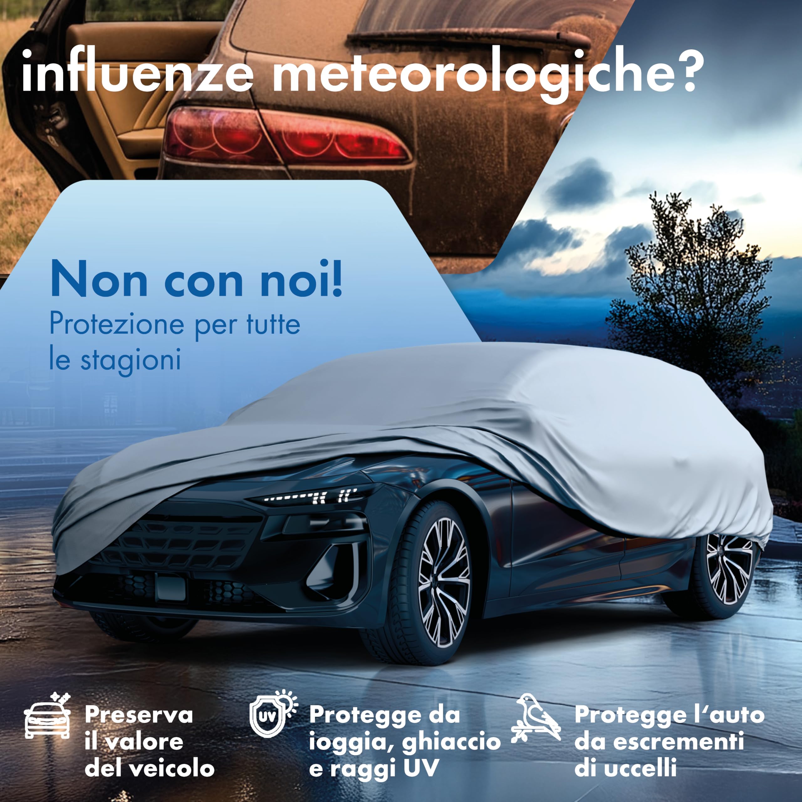 WALSER Telo Copriauto da Esterno All Weather - Telone Auto Station Wagon 100% Impermeabile e Resistente alle Intemperie, Protezione UV, Neve e Gelo, Misura 5, Argento