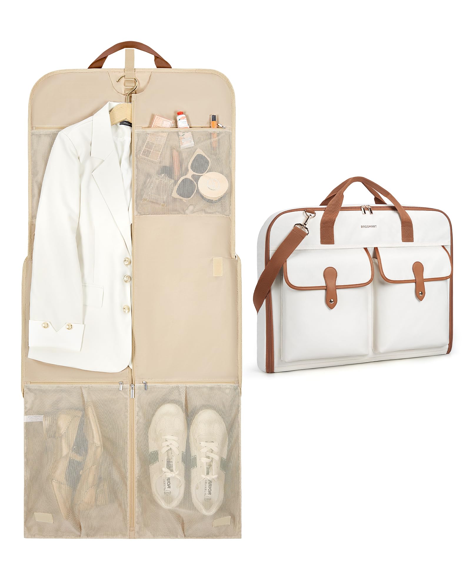 BAGSMART Large Garment Bags for Travel, Carry on Garment Bags for Hanging Clothes, Travel Suit Bag for Shirts Dresses Coats, Beige