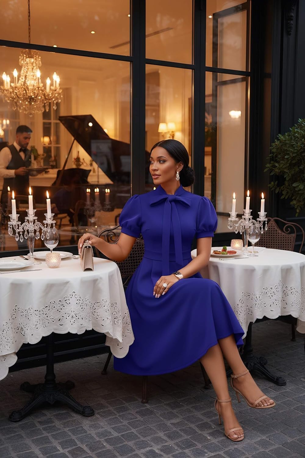 Nmoder Midi Dresses for Women, Semi-Formal Fit and Flare Tie Neck Puff Sleeve Elegant Cocktail Party Summer Short Dress - Image 4