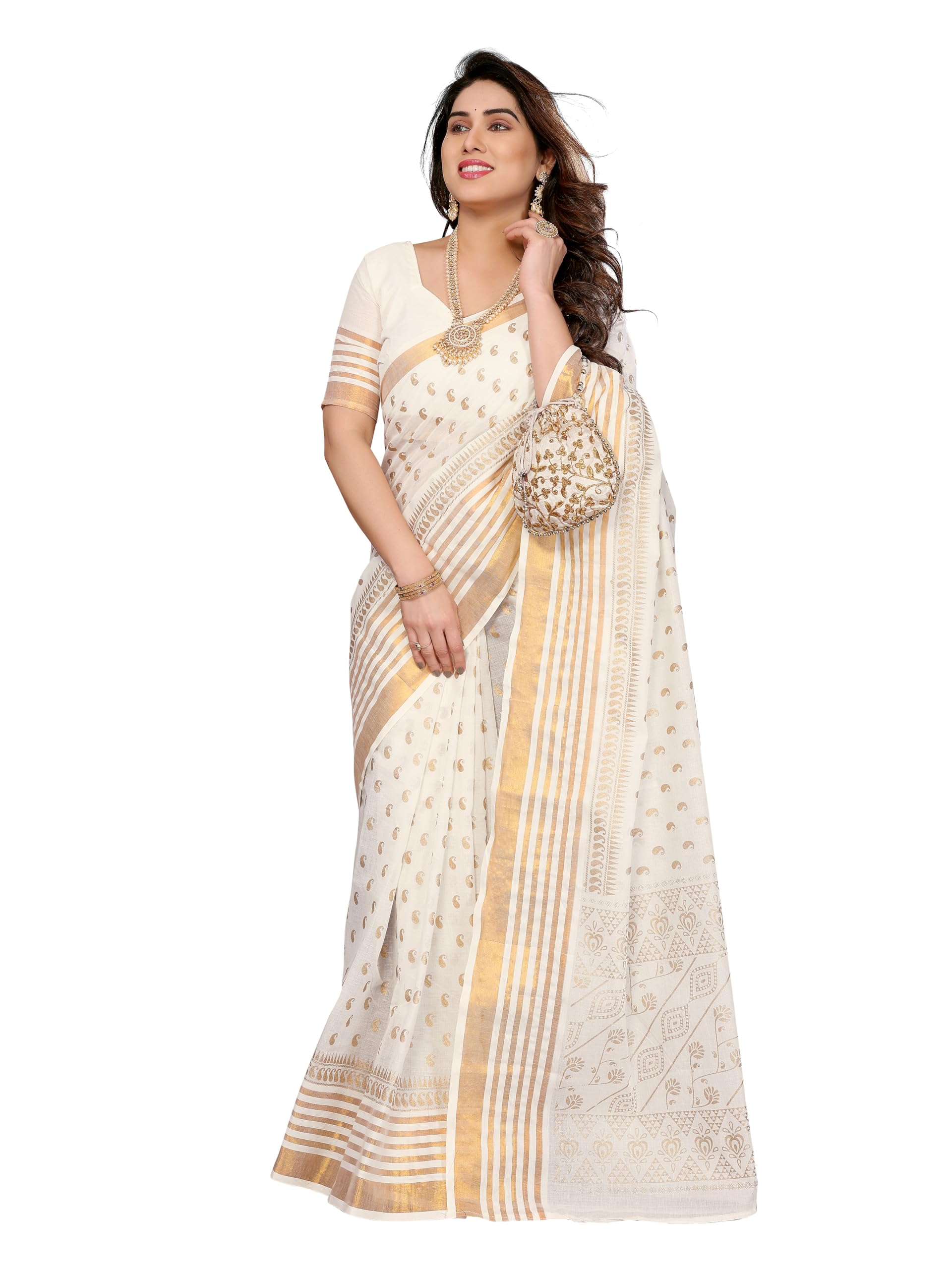 Kerala Kasavu Pure Cotton Mango Print Designer Saree.-image-29