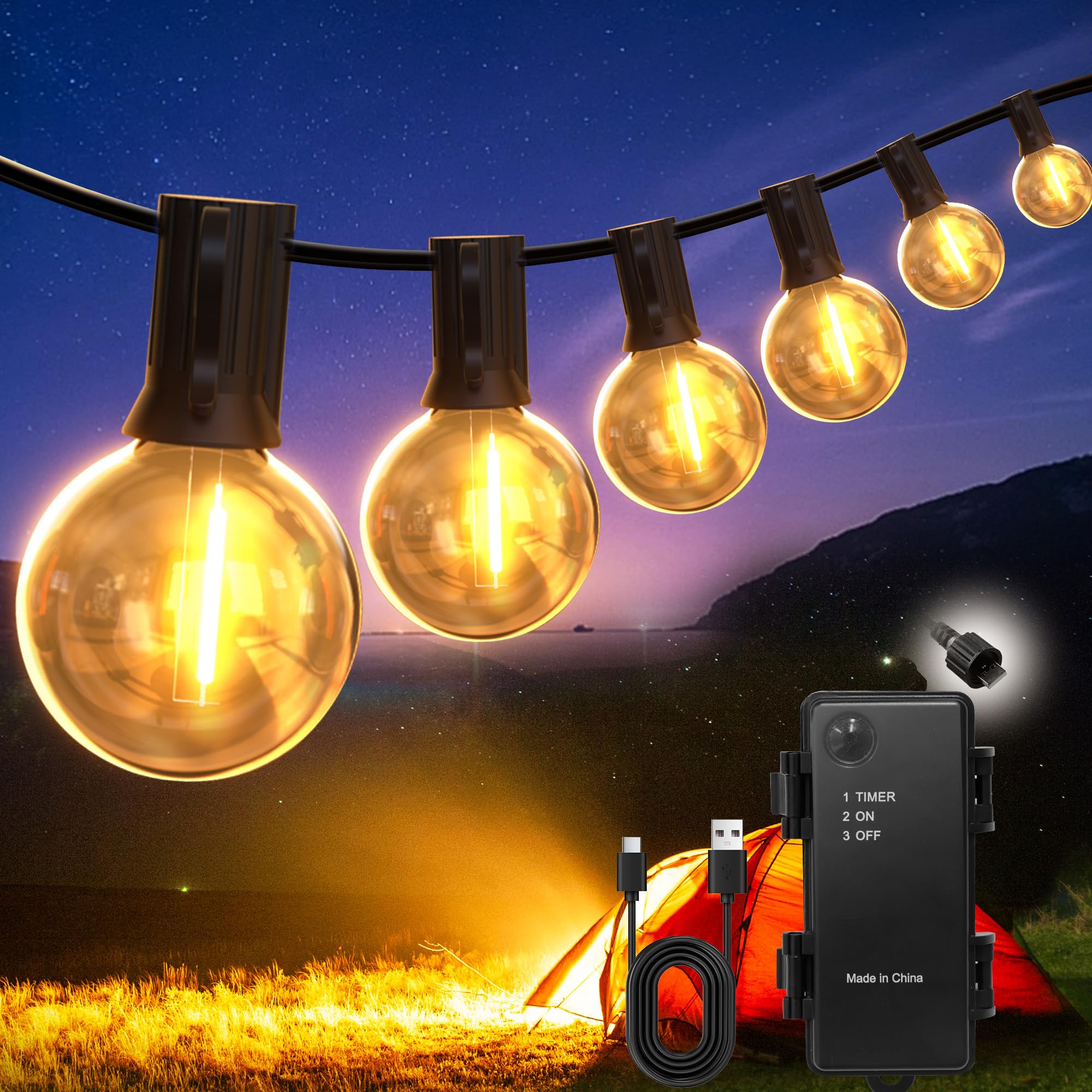 DSLebeen LED Outdoor Lichterkette Außen Batterie Timer 39FT/12M 16+1 G40 LED USB Aufladbar 5000mAh Batterie Lichterkette für Außen, Weihnachten, Fenster, Treppen, Gärten, Pavillons, Hochzeite