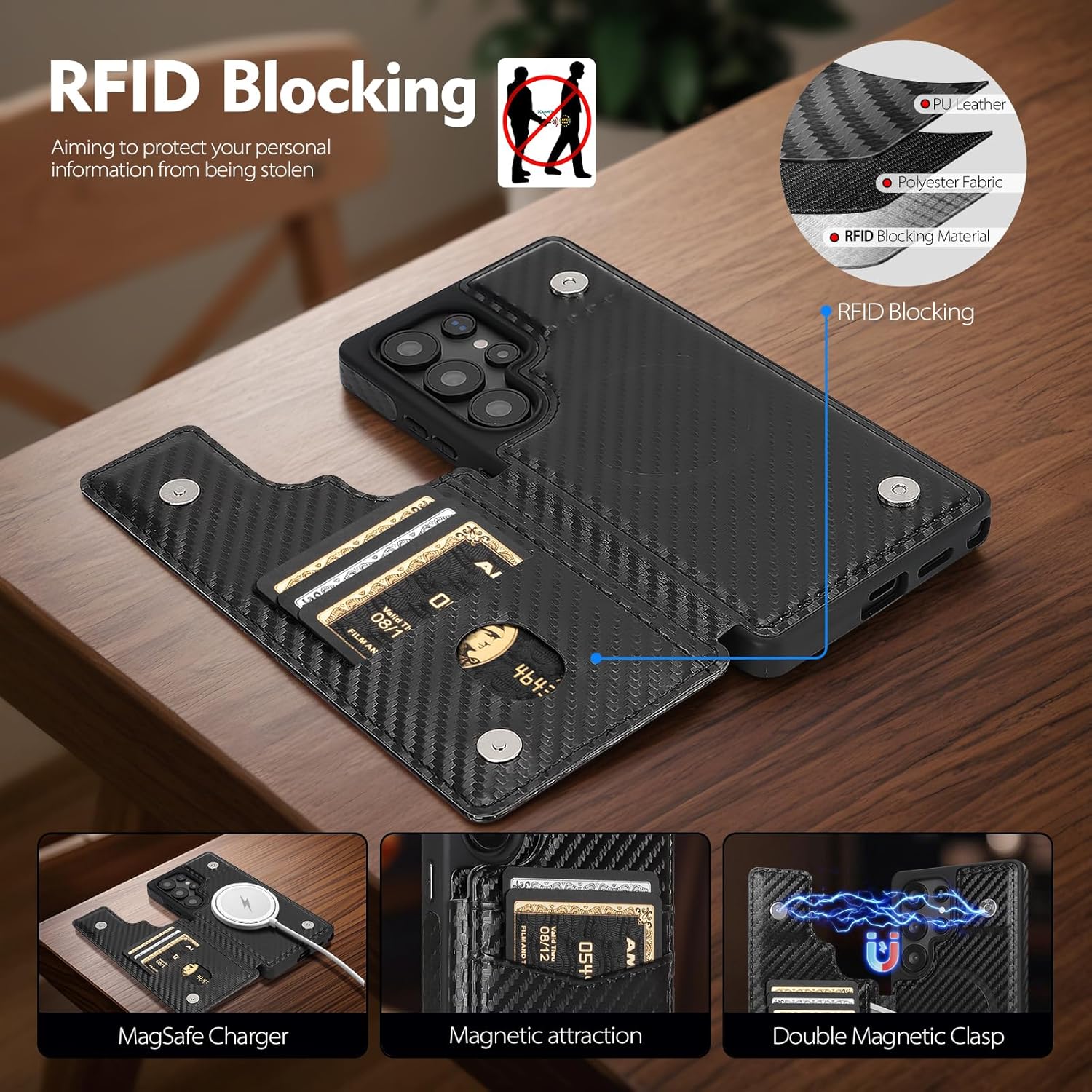 Compatible with Magsafe for Samsung Galaxy S25 Ultra Wallet Case with Card Holder,Women Men Phone Case PU Leather Kickstand Flip Protective Cover Credit Card Slots,for Galaxy S25 Ultra,Black - Image 3