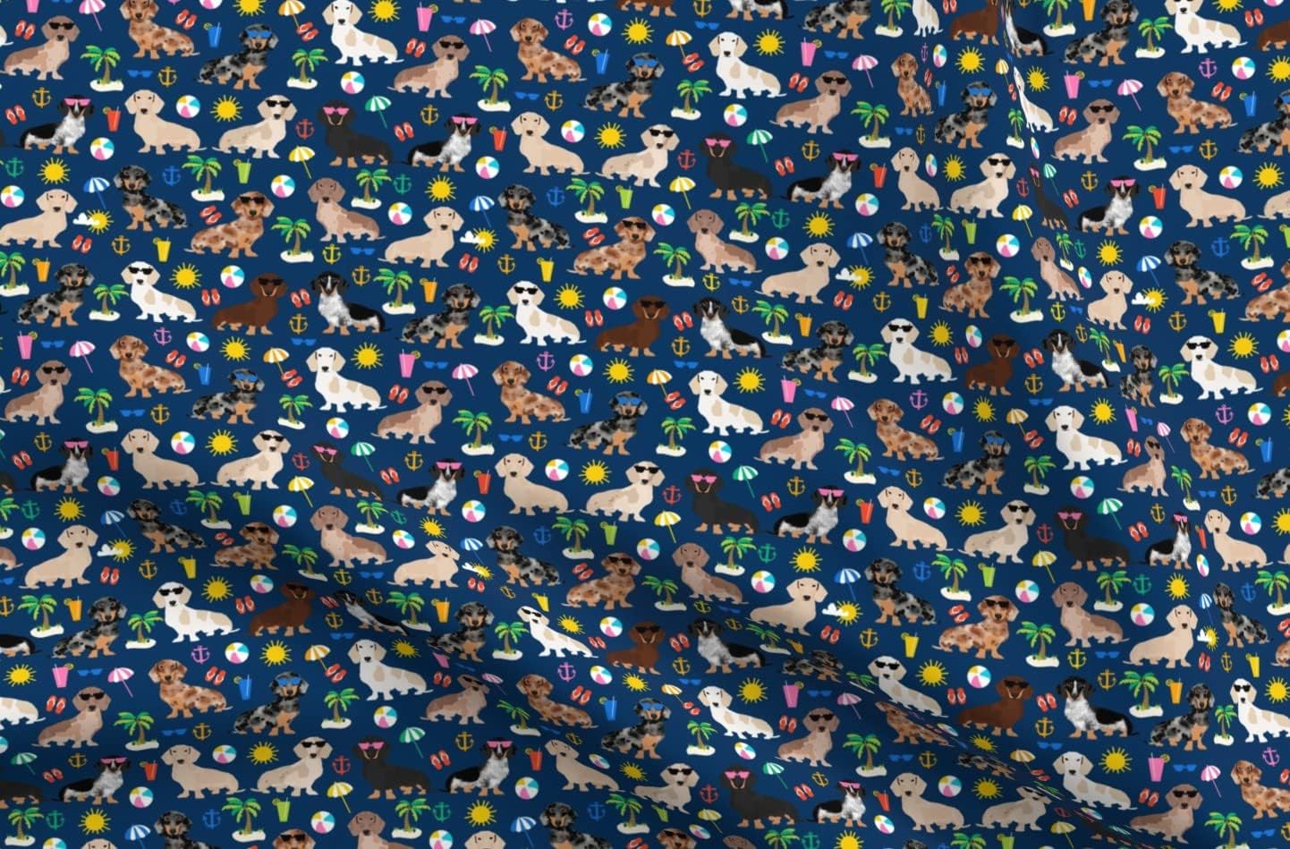 Spoonflower Fabric - Dachshund Summer Beach Day Navy Dog Dogs Printed on Organic Cotton Sateen Fabric by The Yard - Sewing Quilting Apparel Home Decor