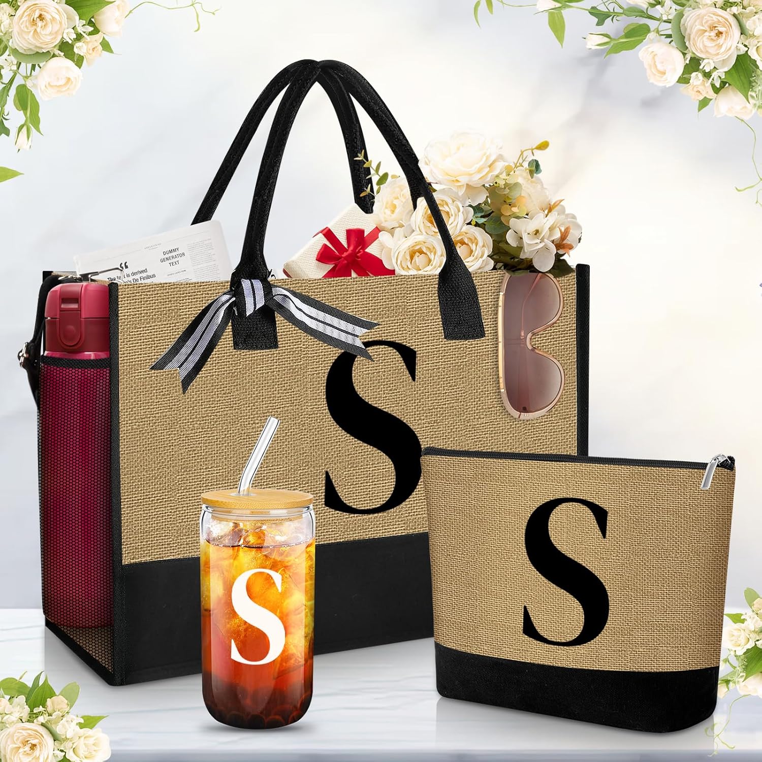 Aliceset Initial Tote Bags for Women Christmas Gifts Initial Jute Tote Bag Makeup Bag Glass Coffee Cup for Christmas - Image 2