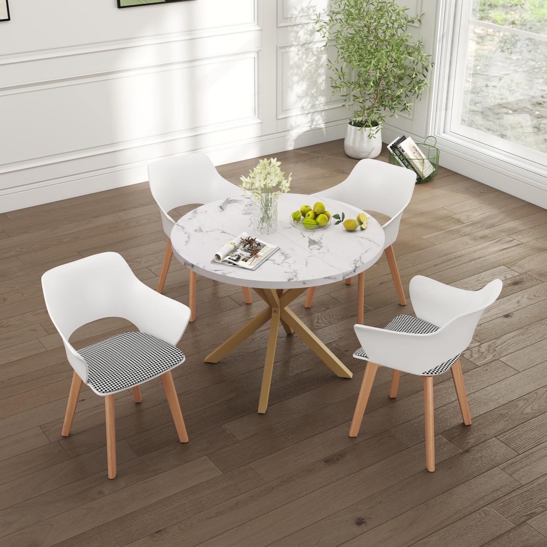 Mesa de Comedor, Mesa de Cocina Redonda, Mesa Redonda Moderna, Tablero de MDF Grueso y Patas de Metal, para Sala de Estar, Comedor, Blanco+Dorado